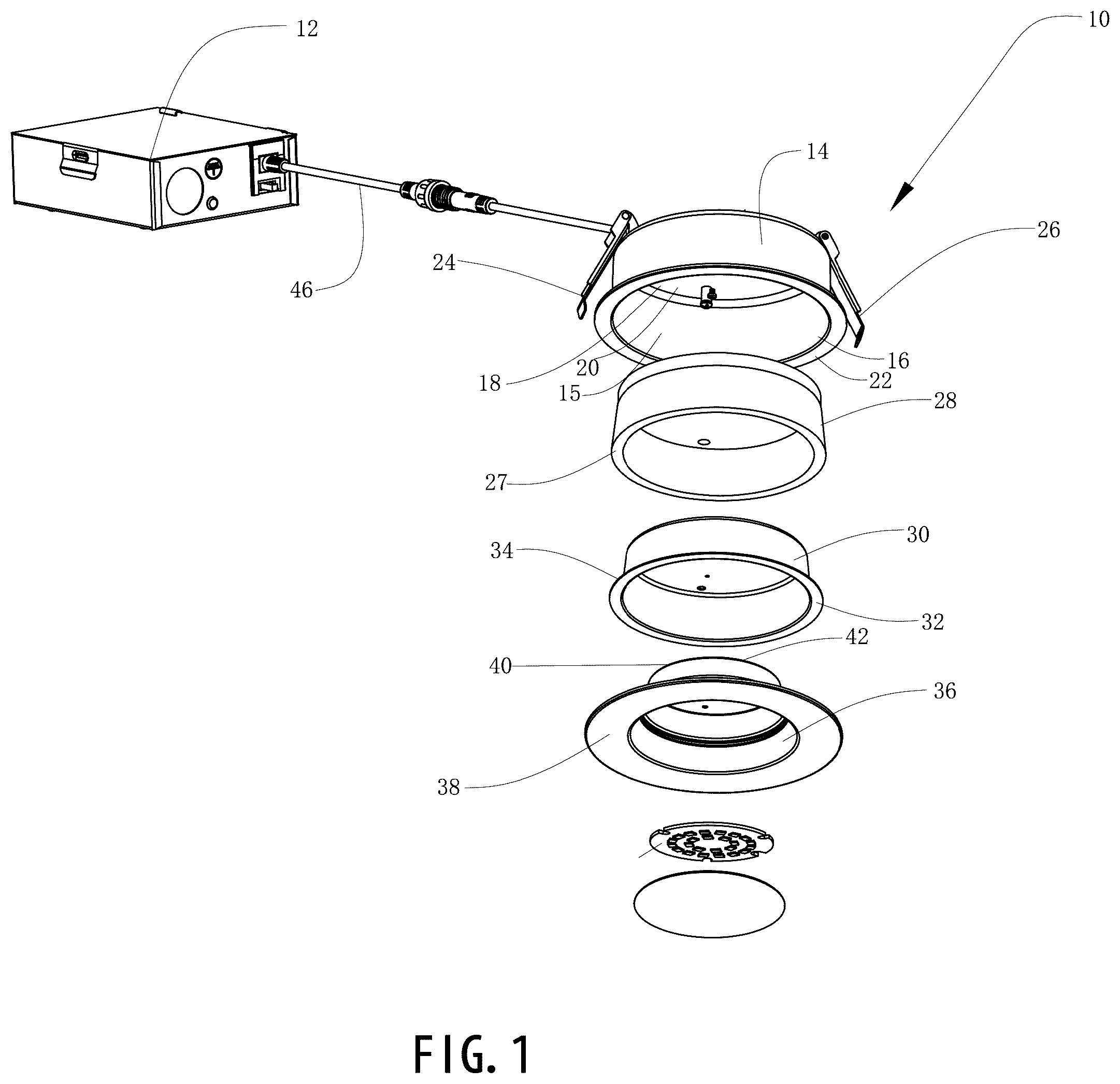 Patent US12129999 Figure 1 – Direct mount fire rated recessed luminaire
