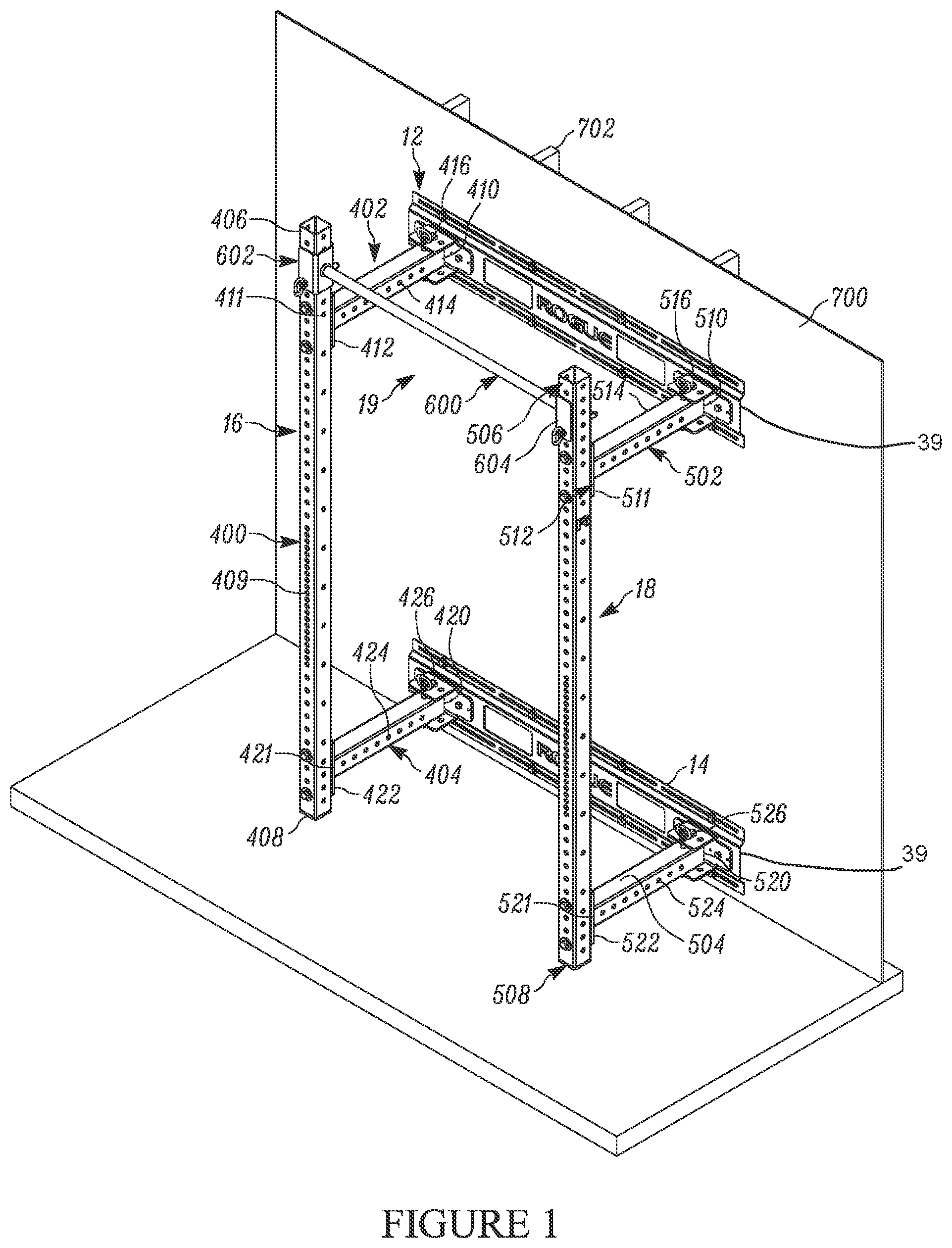Patent US12134003 Figure 1 – Weightlifting rack assembly and wall mount bracket for a weightlifting rack assembly