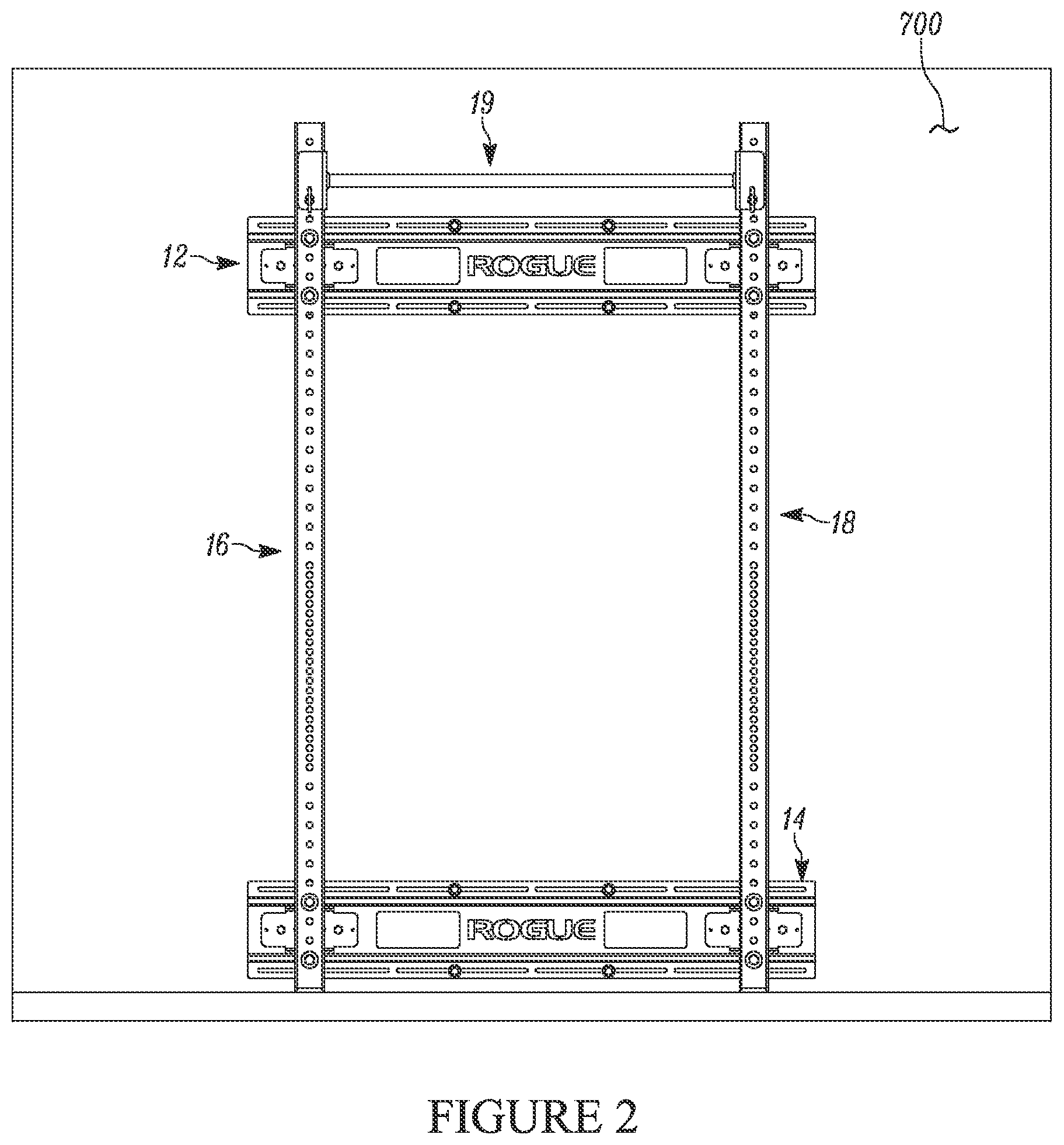 Patent US12134003 Figure 2 – Weightlifting rack assembly and wall mount bracket for a weightlifting rack assembly