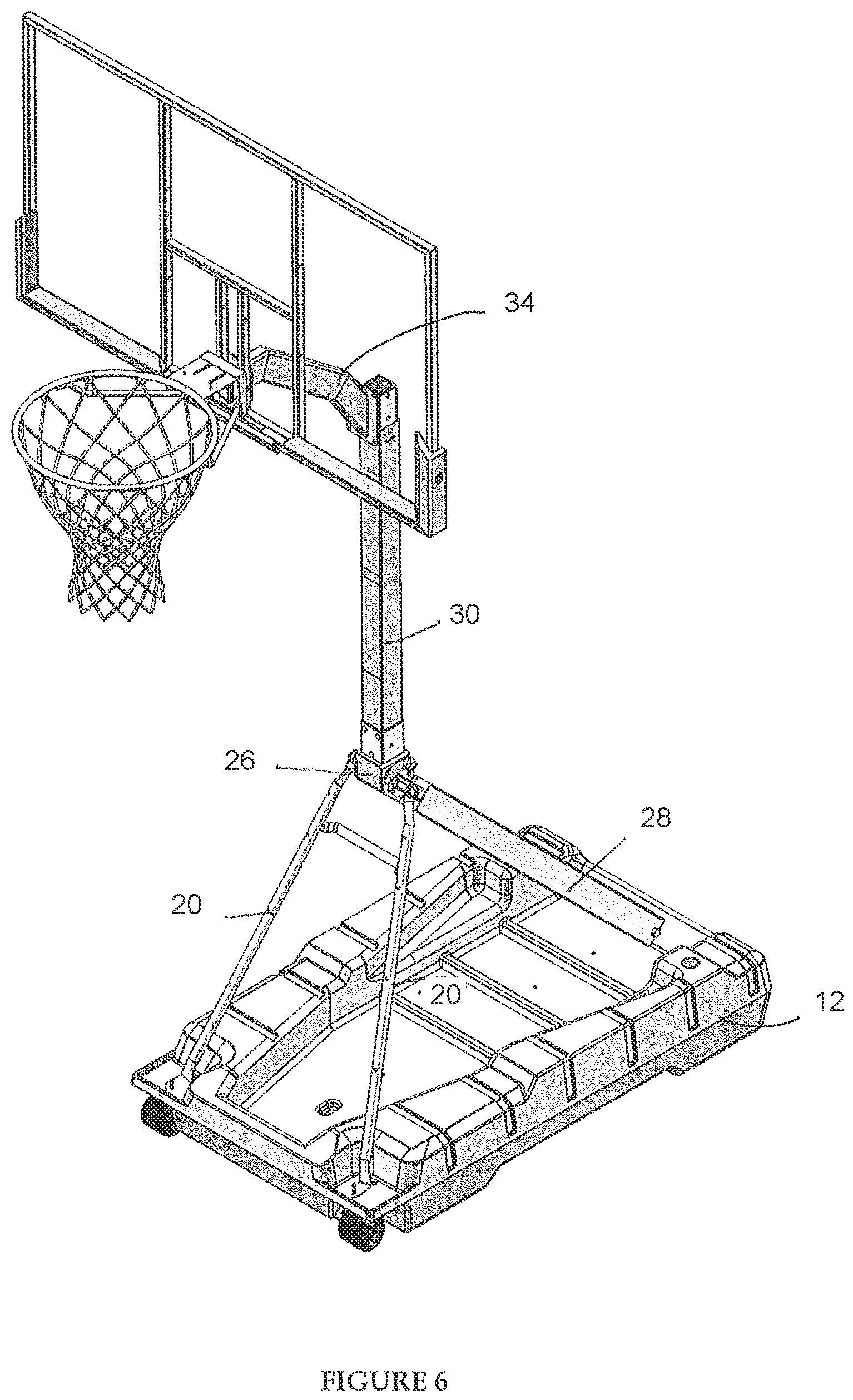 Patent US12134016 Figure 6 – Portable basketball goal assembly