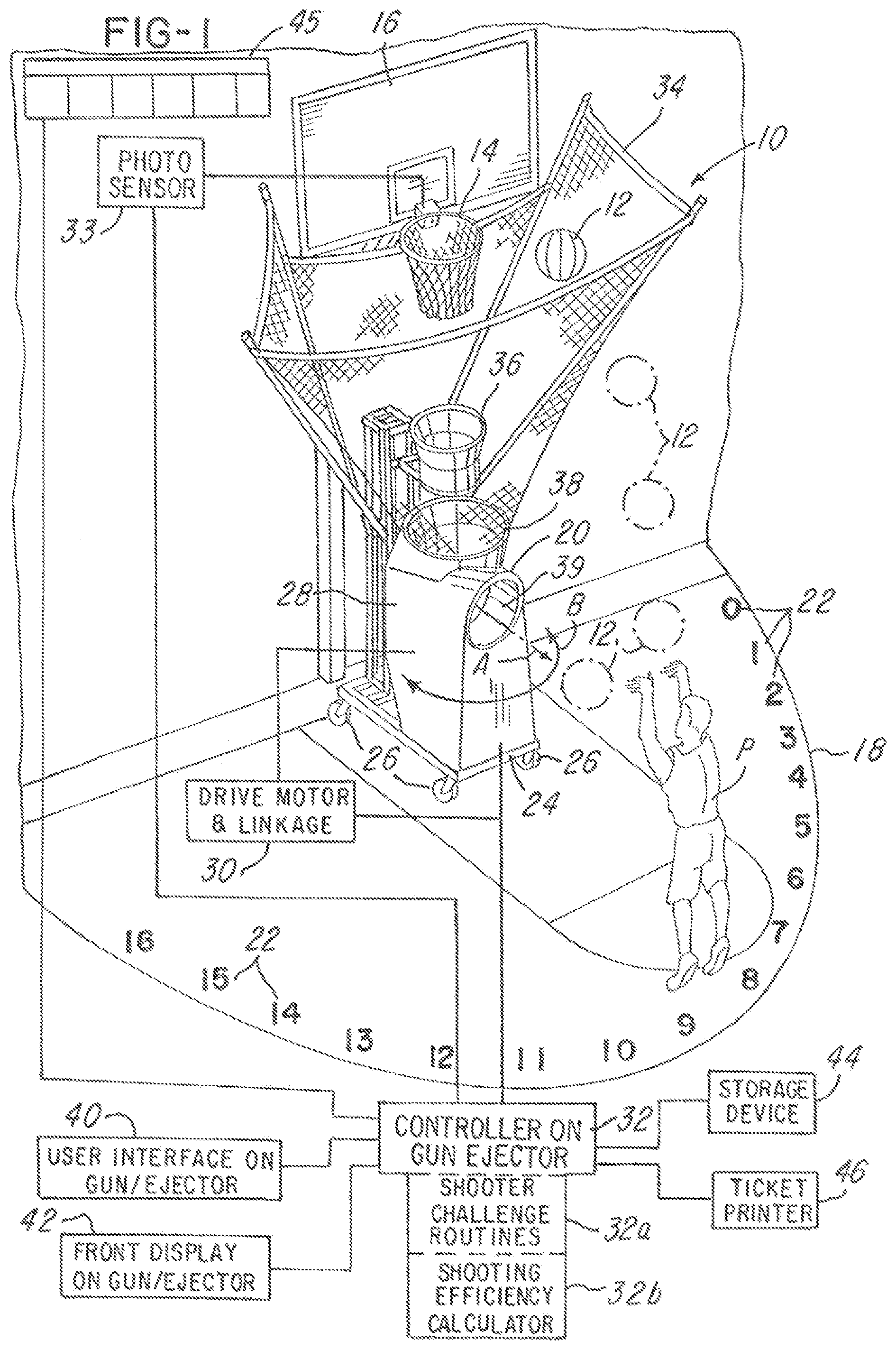 Patent US12134020 Figure 1 – System and method for improving a basketball player's shooting by remote access to shooting information and practice session replication