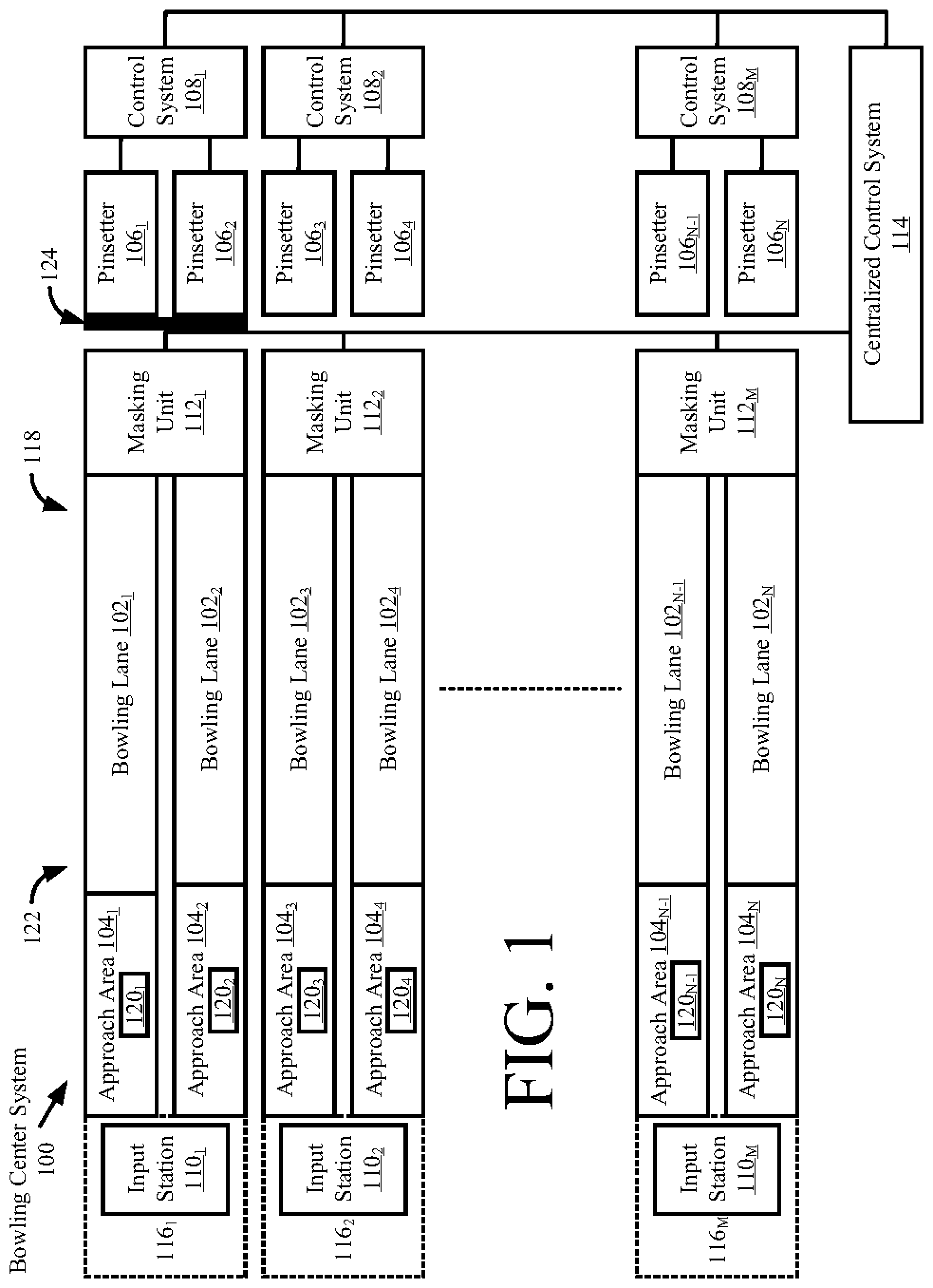 Patent US12134026 Figure 1 – Systems and methods for masking pinsetters of bowling lanes