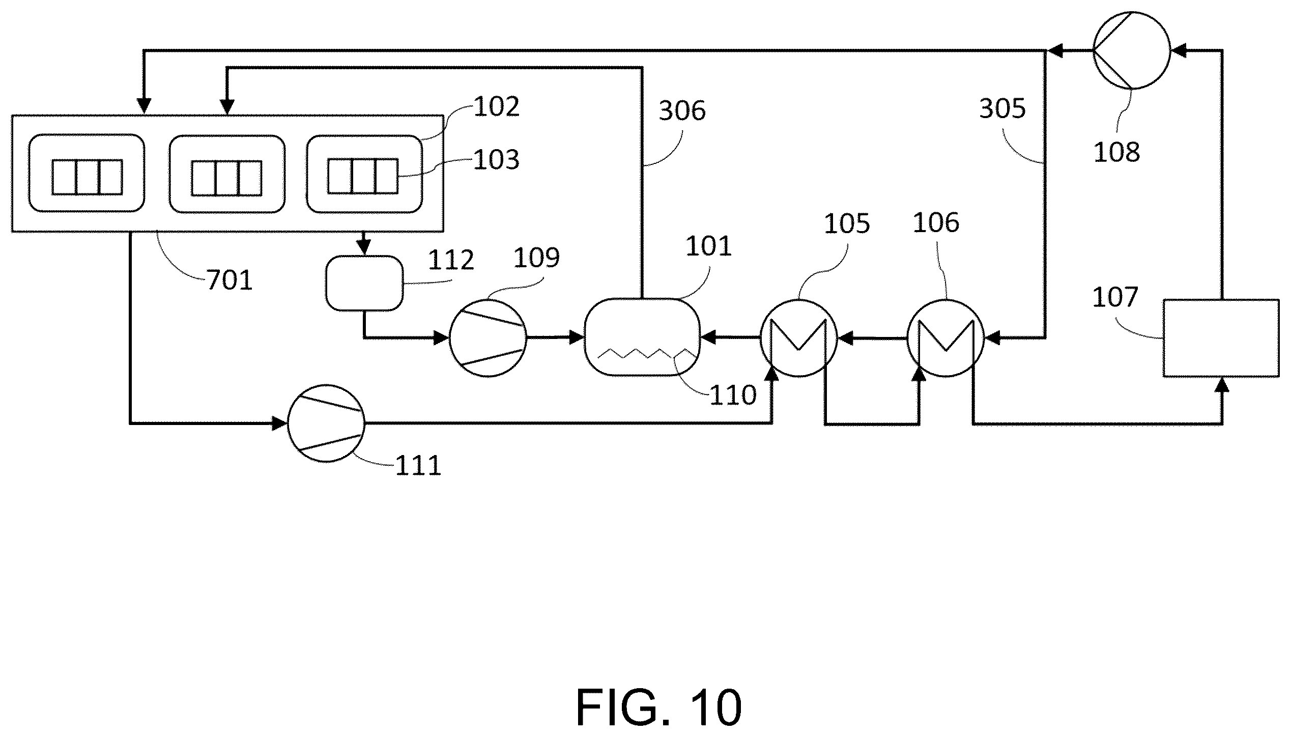 Patent US12134069 Figure 10 – Mechanical vapor re-compressor heat pump for separating CO 2 from water vapor in temperature-vacuum swing adsorption cycles