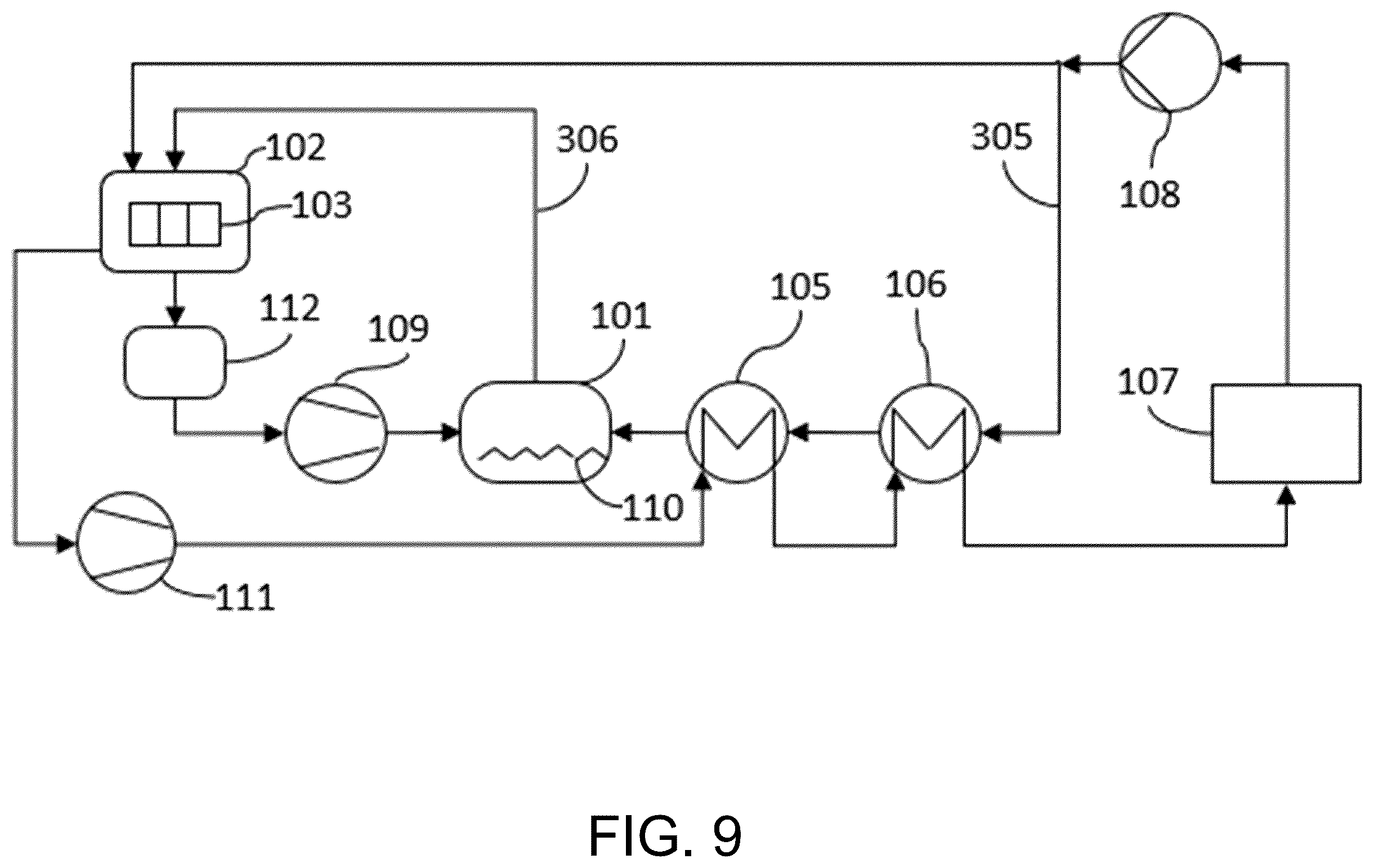 Patent US12134070 Figure 9 – Mechanical vapor re-compressor heat pump for separating CO 2 from water vapor in temperature-vacuum swing adsorption cycles