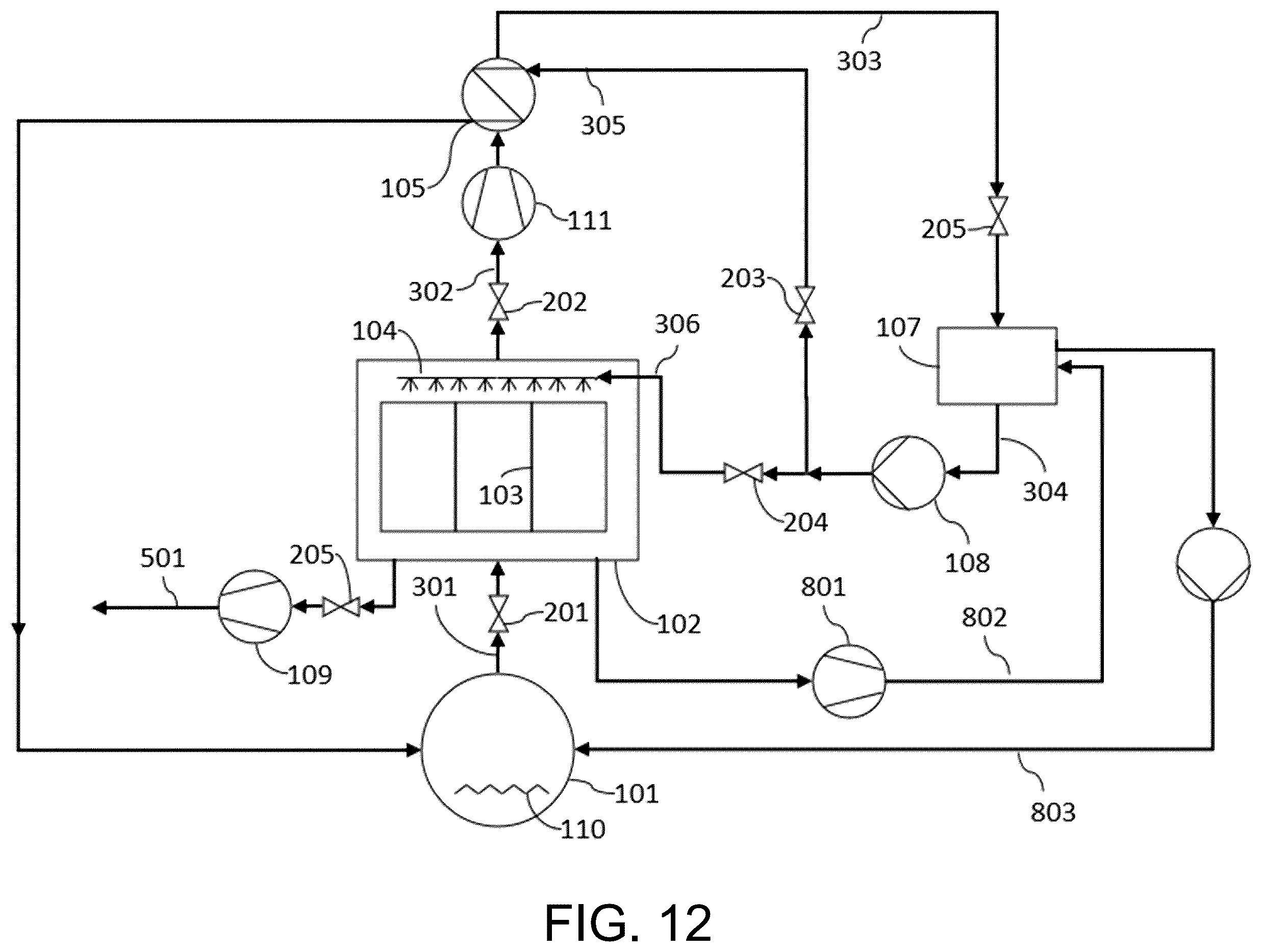 Patent US12134070 Figure 12 – Mechanical vapor re-compressor heat pump for separating CO 2 from water vapor in temperature-vacuum swing adsorption cycles