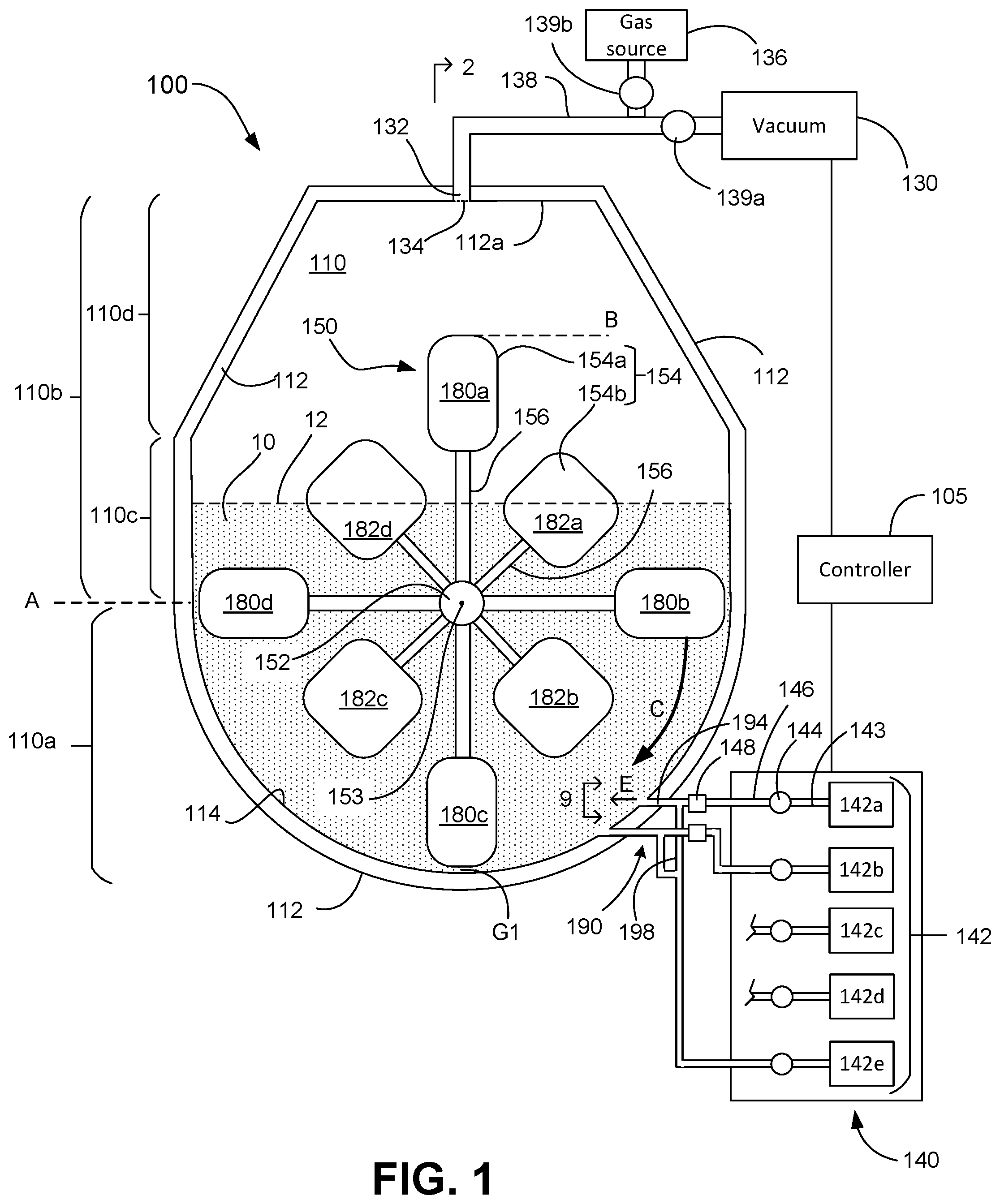 Patent US12134091 Figure 1 – Reactor for coating particles in stationary chamber with rotating paddles
