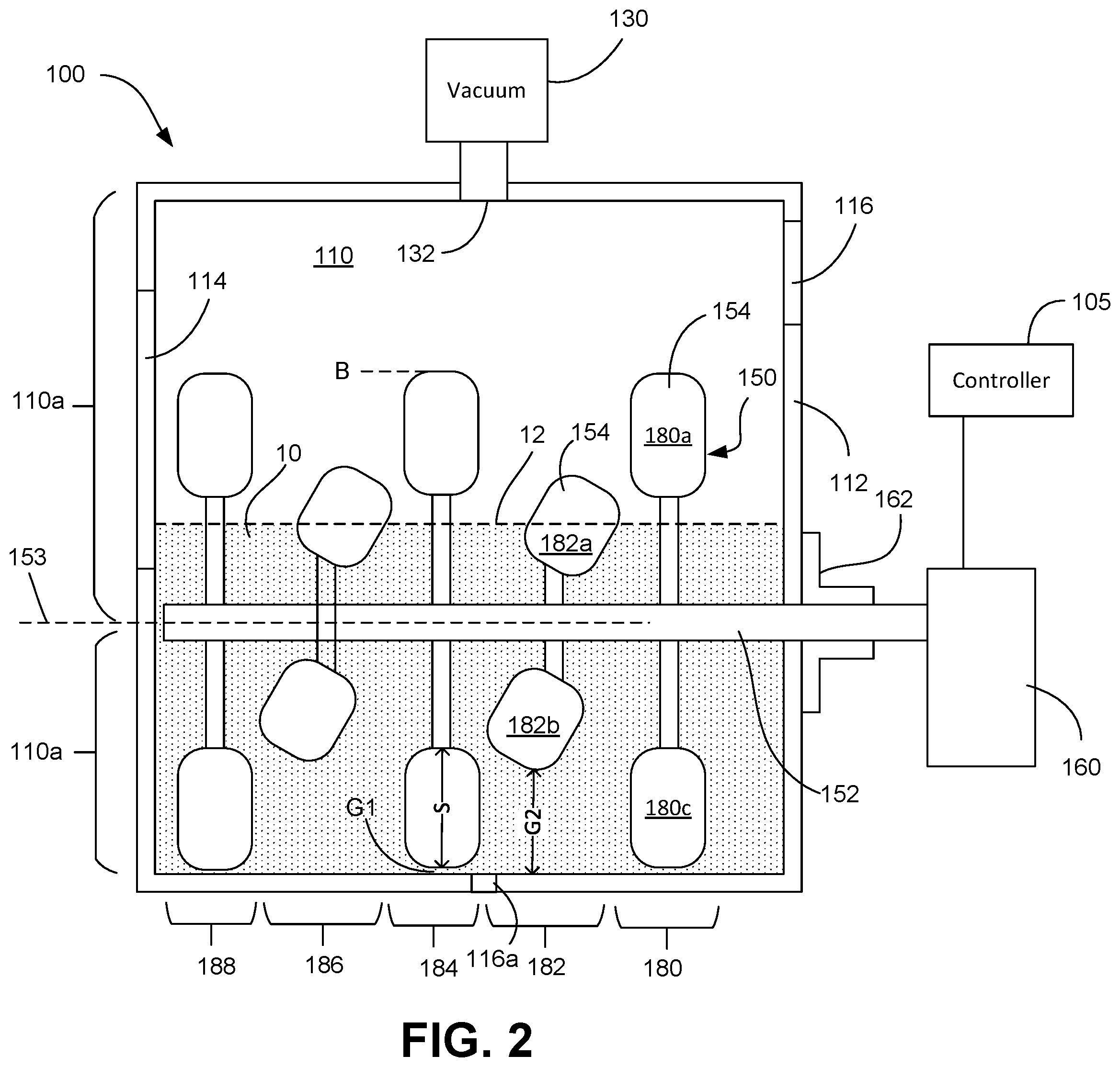 Patent US12134091 Figure 2 – Reactor for coating particles in stationary chamber with rotating paddles