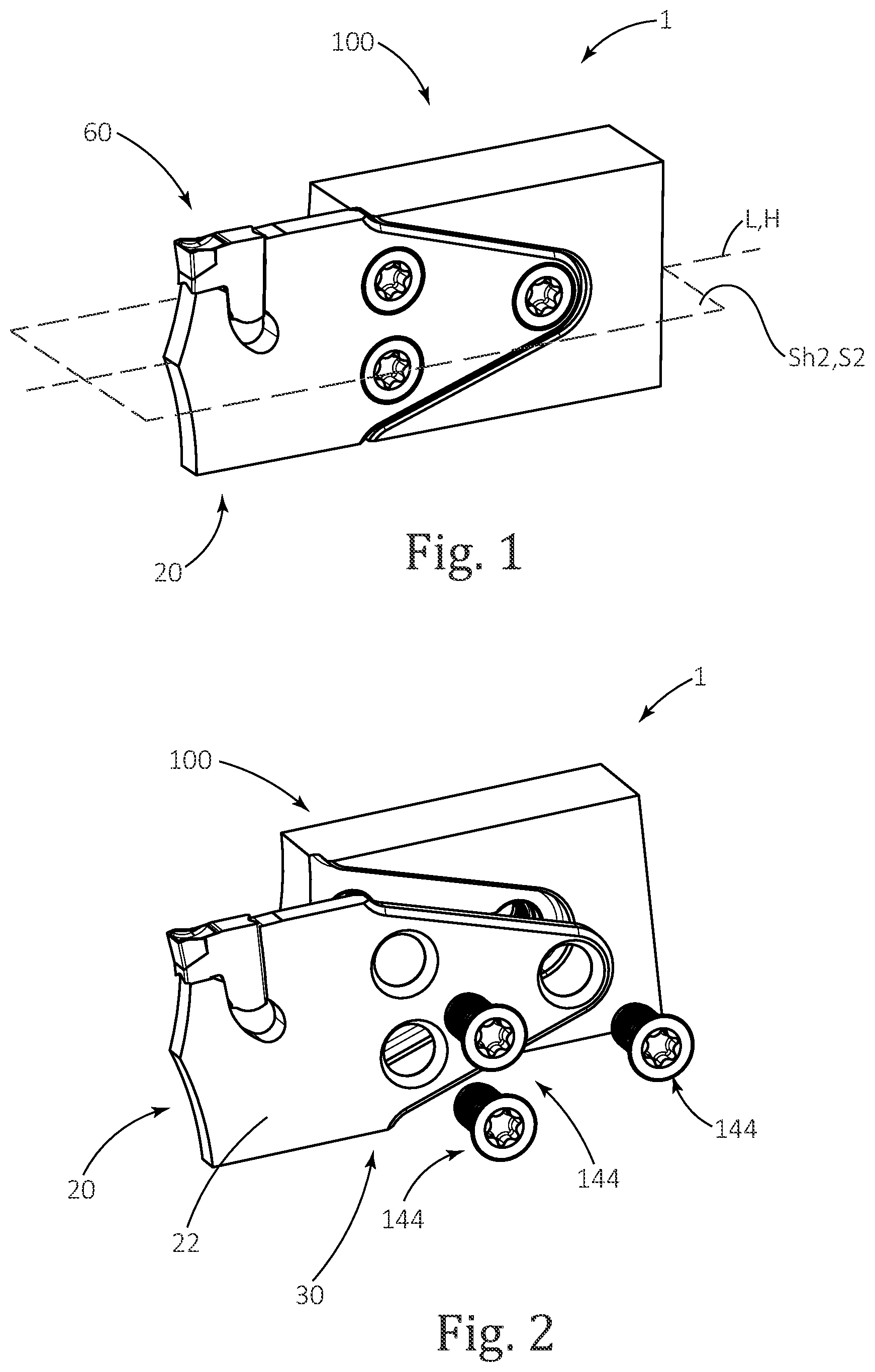 Patent US12134135 Figure 1 – Symmetric cutting tool including cutting blade and tool holder provided with converging abutment surfaces