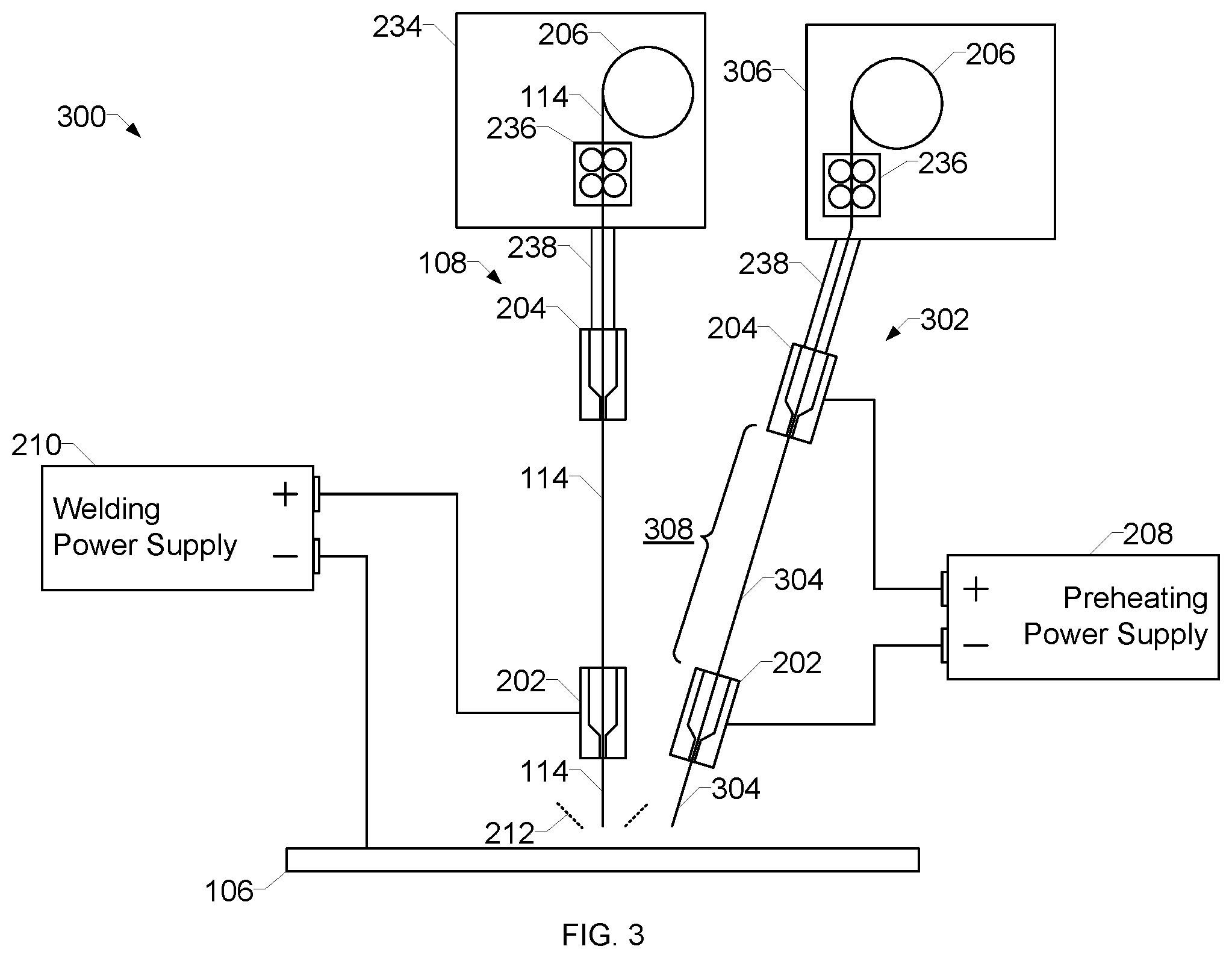 Patent US12134154 Figure 3 – Submerged arc welding systems and submerged arc welding torches to resistively preheat electrode wire