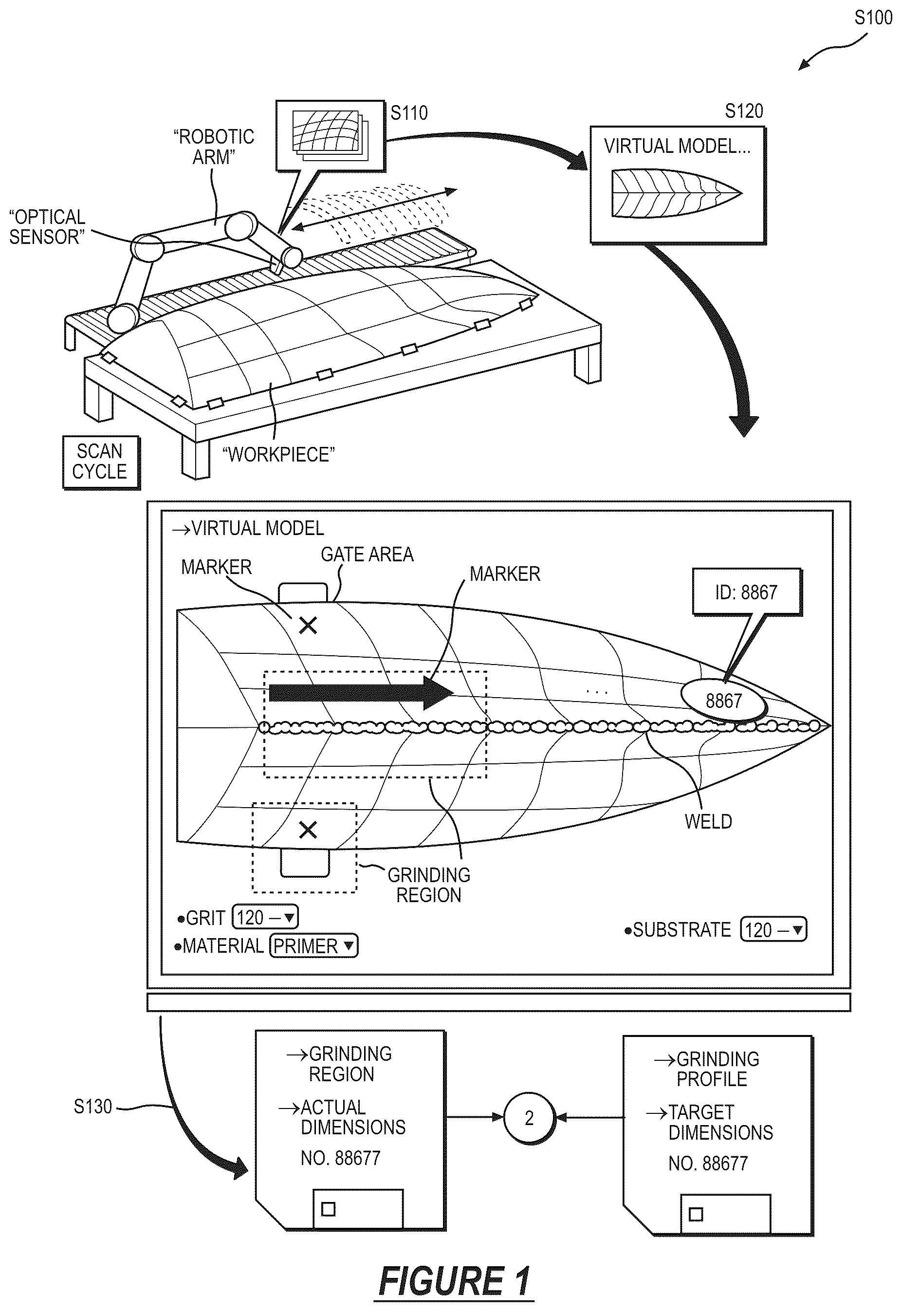 Patent US12134166 Figure 1 – System and method for autonomously grinding a workpiece