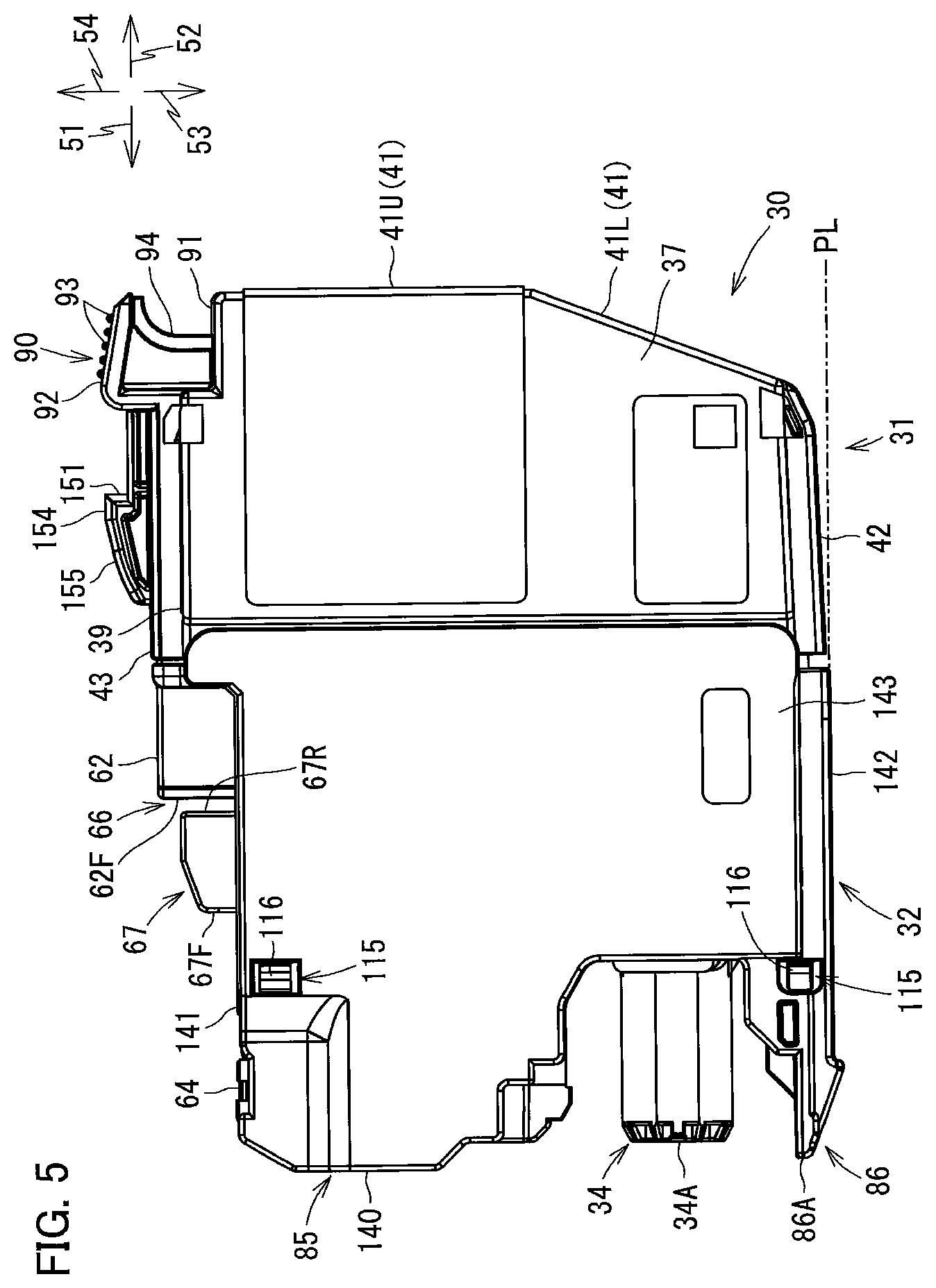 Patent US12134276 Figure 5 – Liquid cartridge including plate member pivotally movable between first posture and second posture