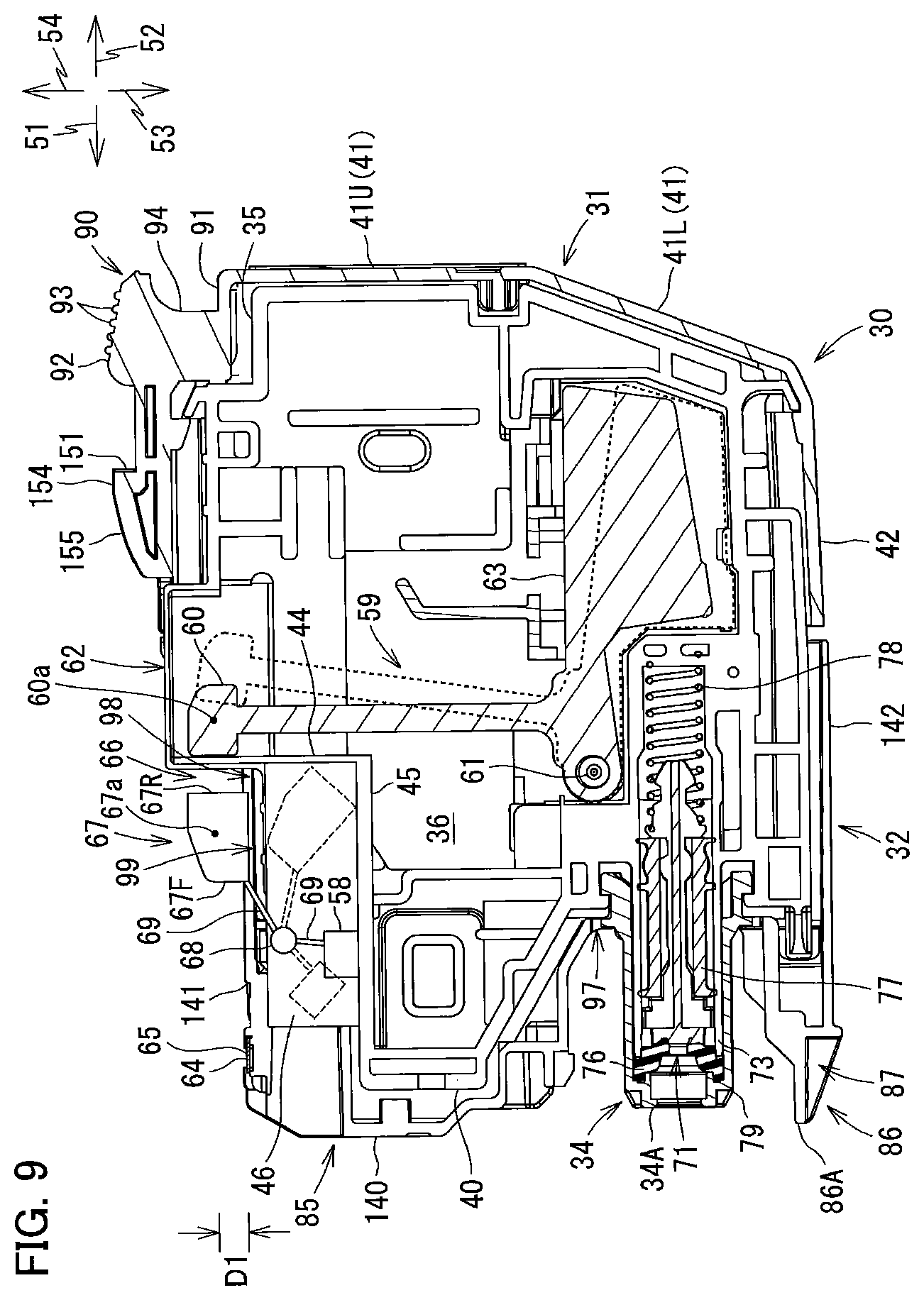 Patent US12134276 Figure 9 – Liquid cartridge including plate member pivotally movable between first posture and second posture