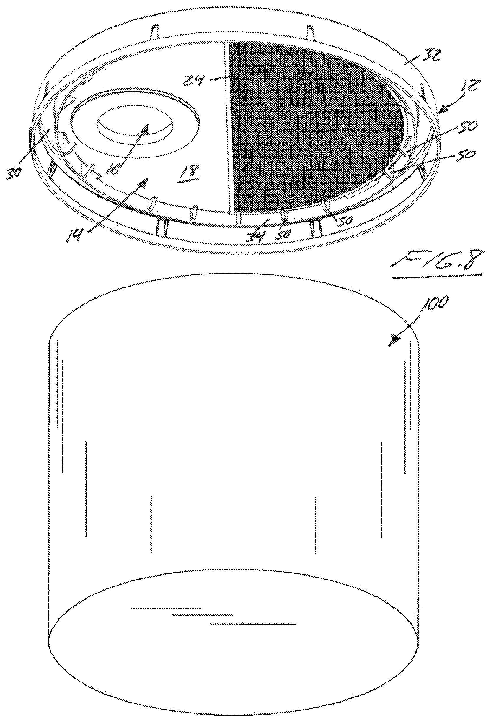 Patent US12134282 Figure 4 – Combined lid and strainer device for a paint container