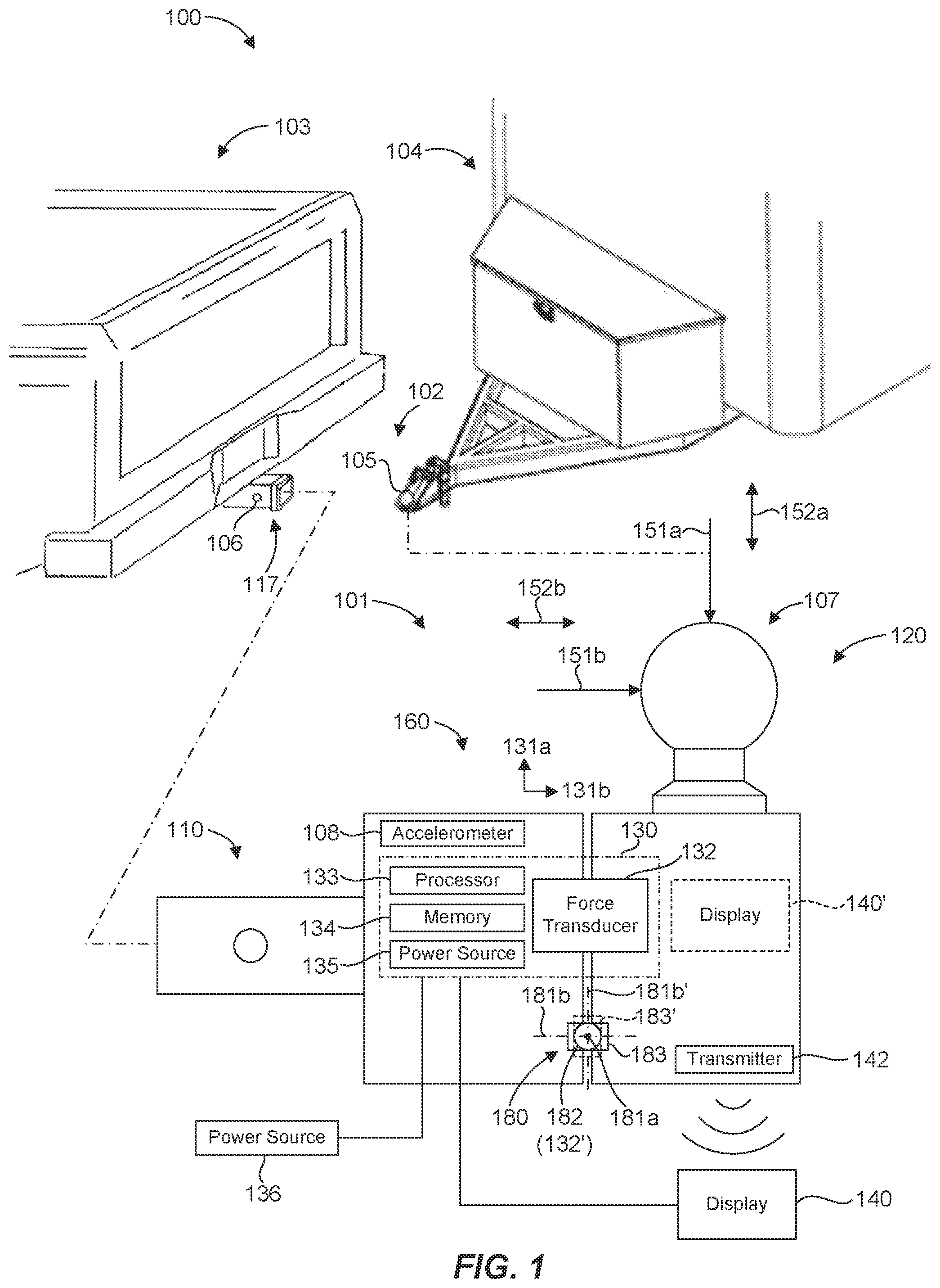 Patent US12134287 Figure 1 – Load measuring hitch assembly for measuring loads applied by a trailer on a tow vehicle