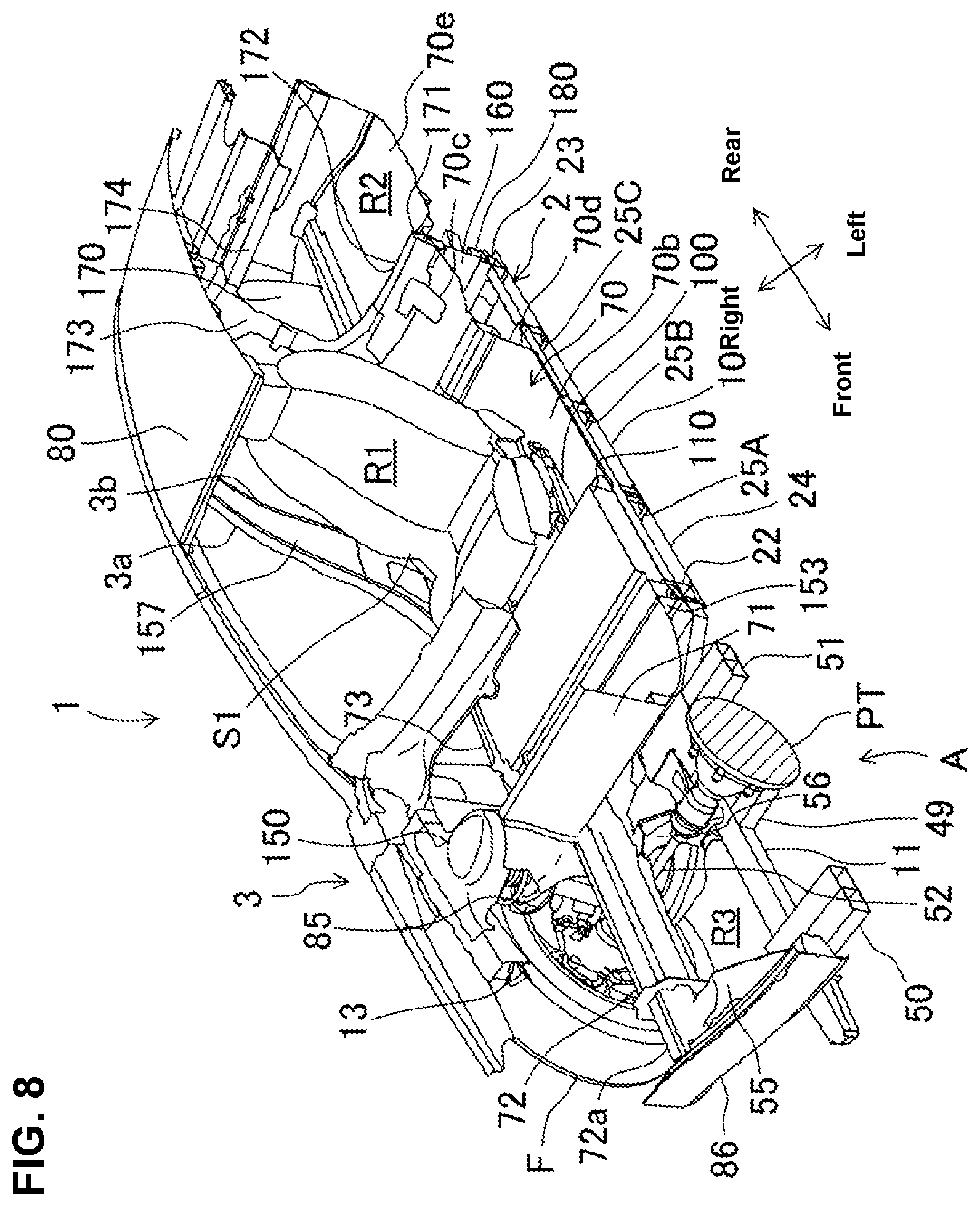 Patent US12134312 Figure 8 – Vehicle-body structure of electric automotive vehicle