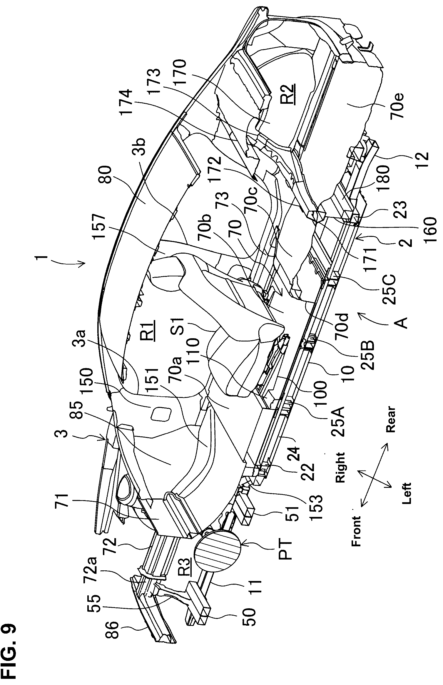 Patent US12134312 Figure 9 – Vehicle-body structure of electric automotive vehicle