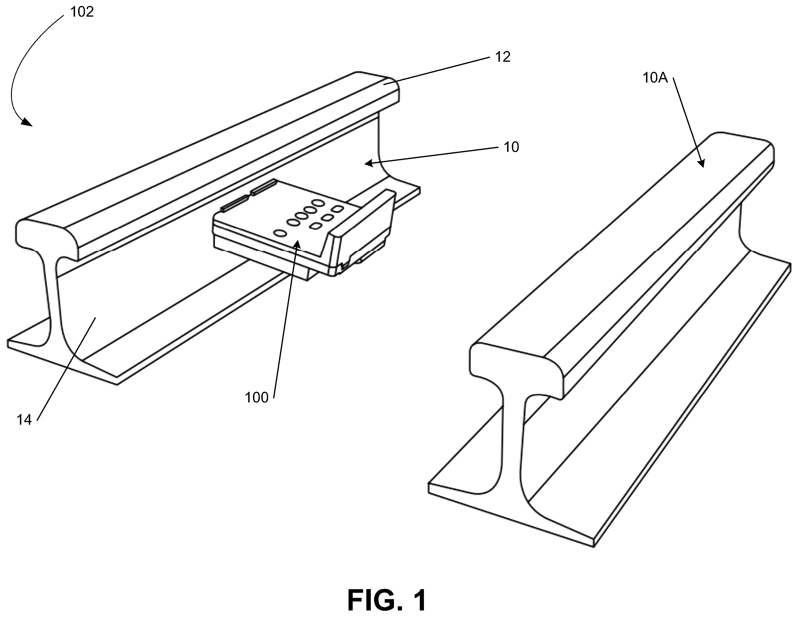 Patent US12134413 Figure 1 – Derailment mitigation device for railroads and rail tracks