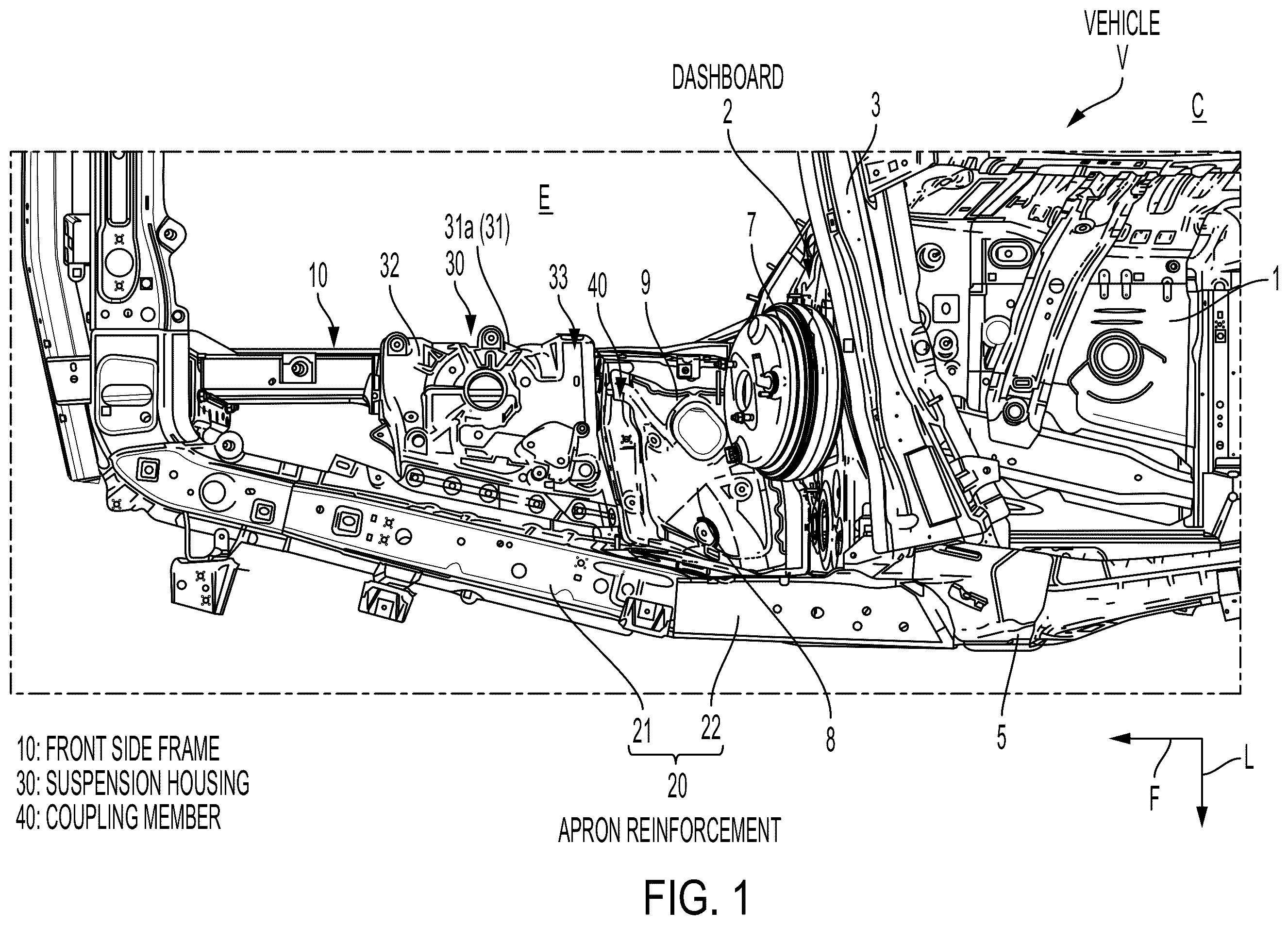 Patent US12134422 Figure 1 – Vehicle front body structure
