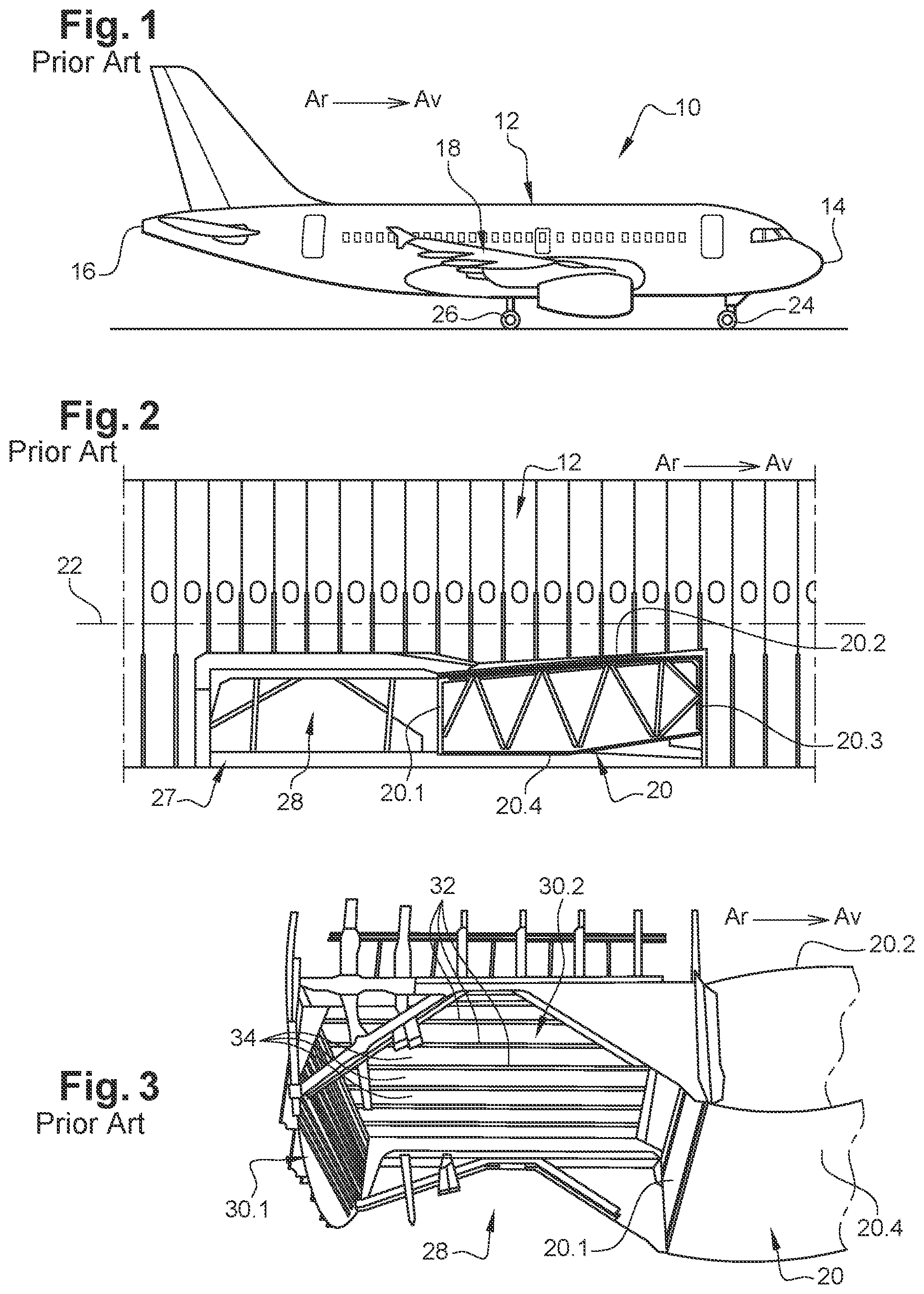 Patent US12134463 Figure 1 – Aircraft comprising a main landing gear compartment with a body which is produced in a single piece