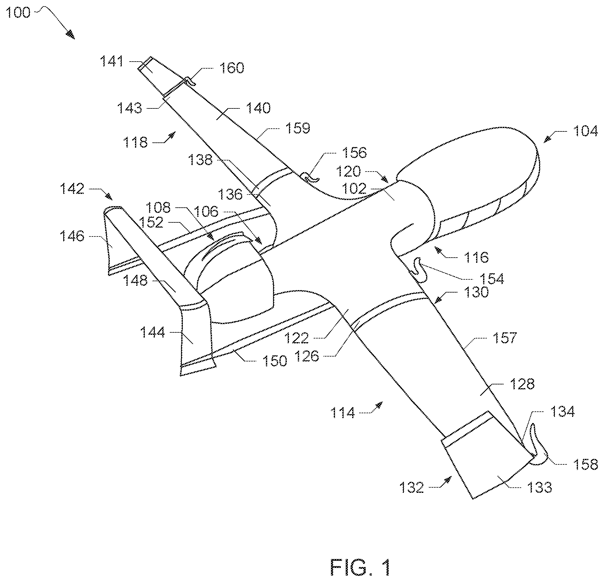 Patent US12134466 Figure 1 – Unmanned aerial vehicles including wing capture devices and related methods