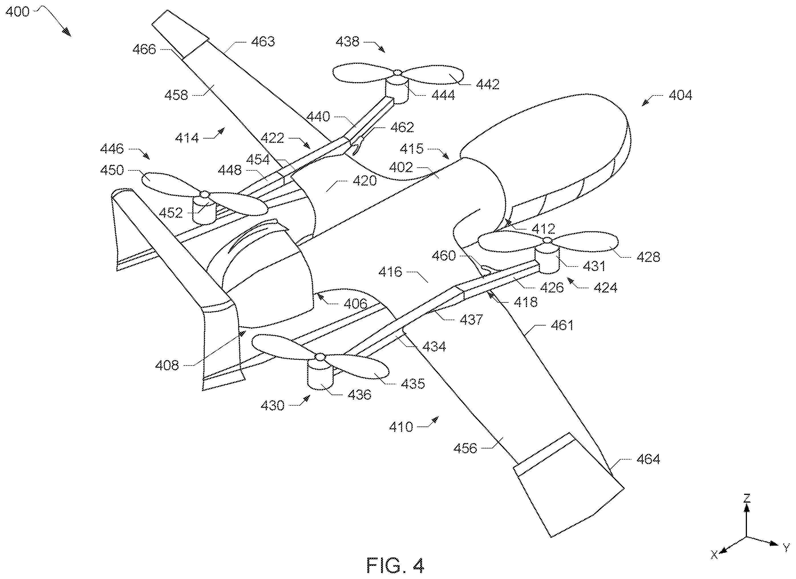 Patent US12134466 Figure 4 – Unmanned aerial vehicles including wing capture devices and related methods