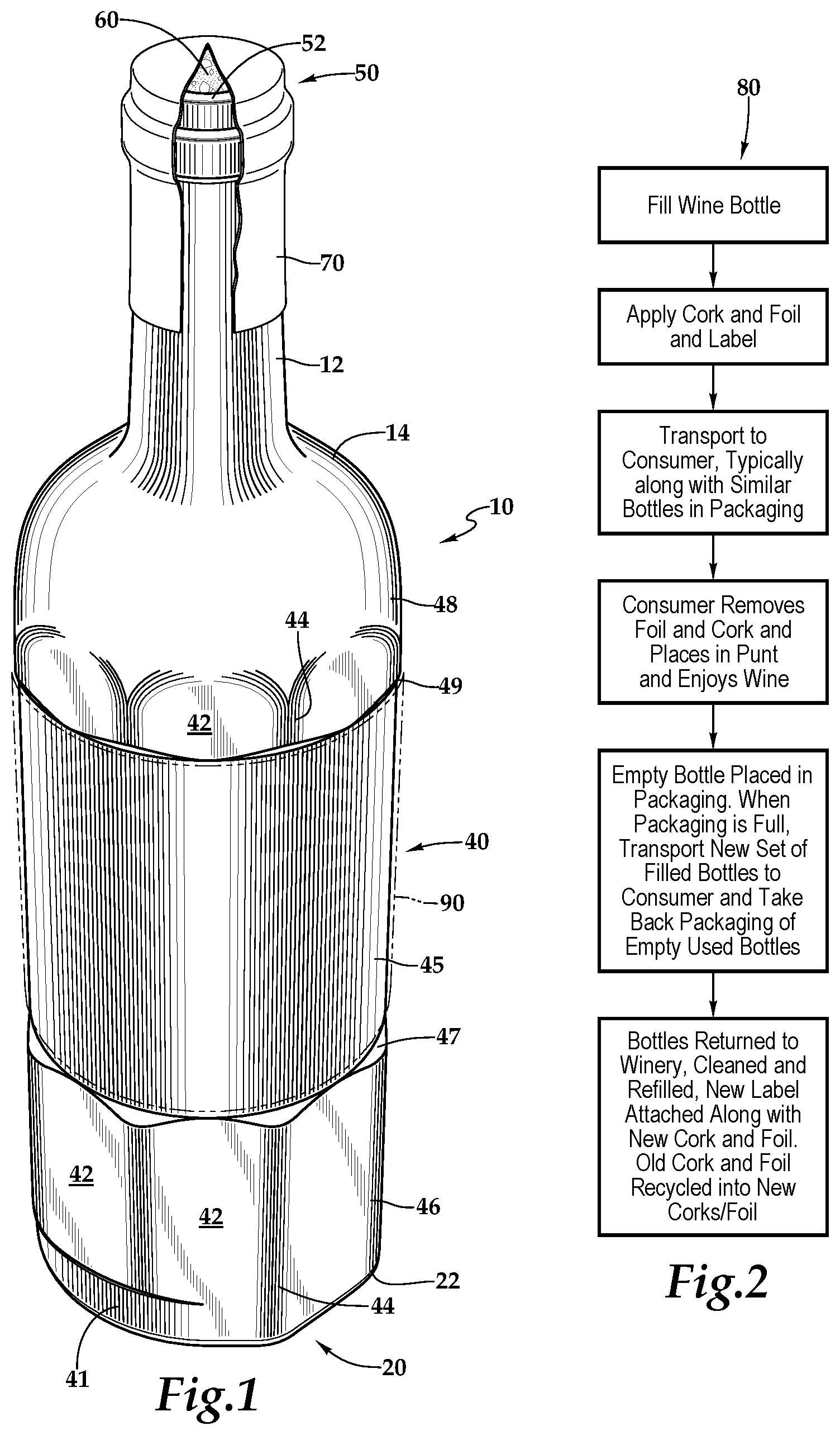 Patent US12134496 Figure 1 – Wine bottle with cork retainer and re-use features