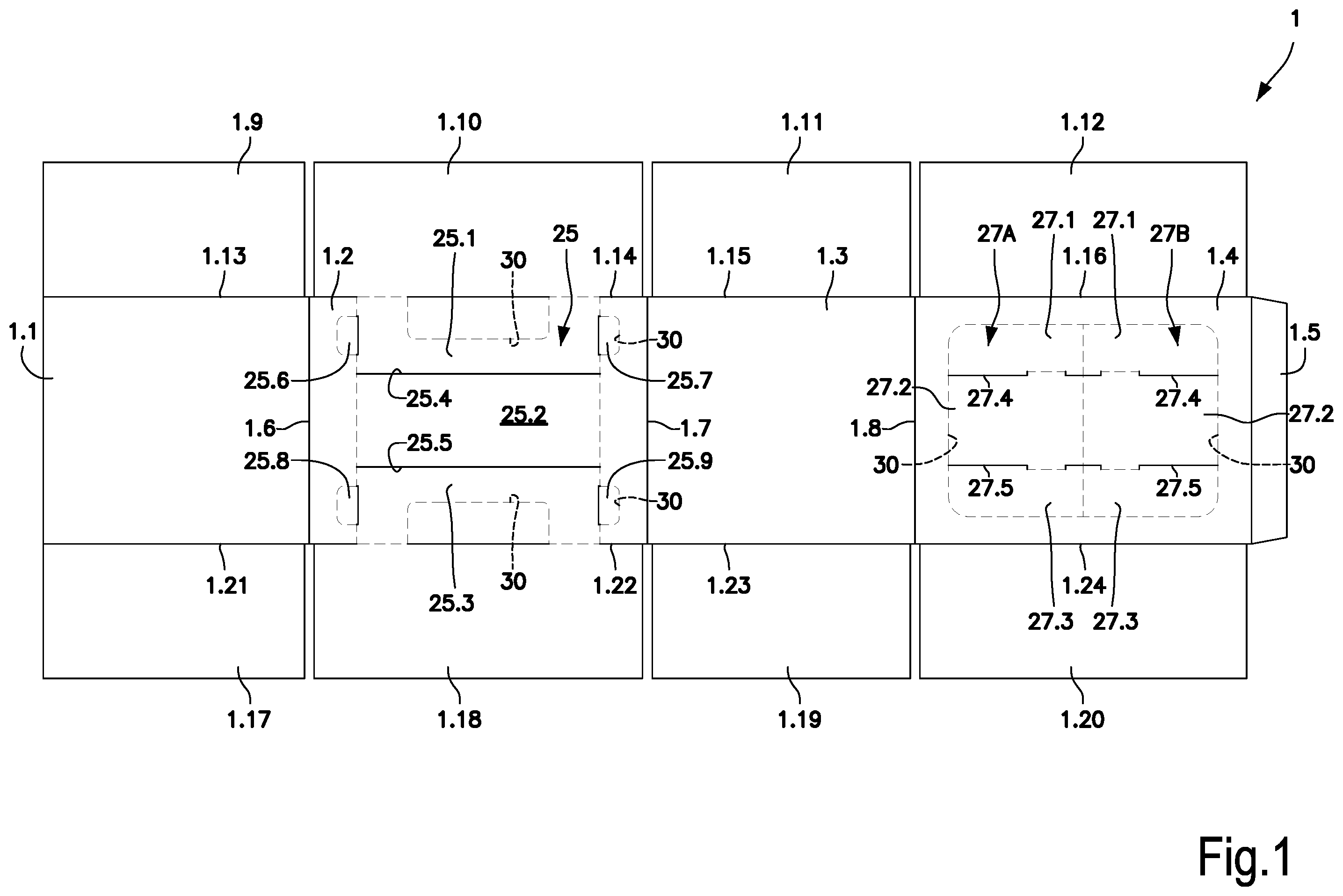 Patent US12134504 Figure 1 – Multiple package of packs of sheets, formed by a laminar material that forms a dispenser and laminar material for forming said package