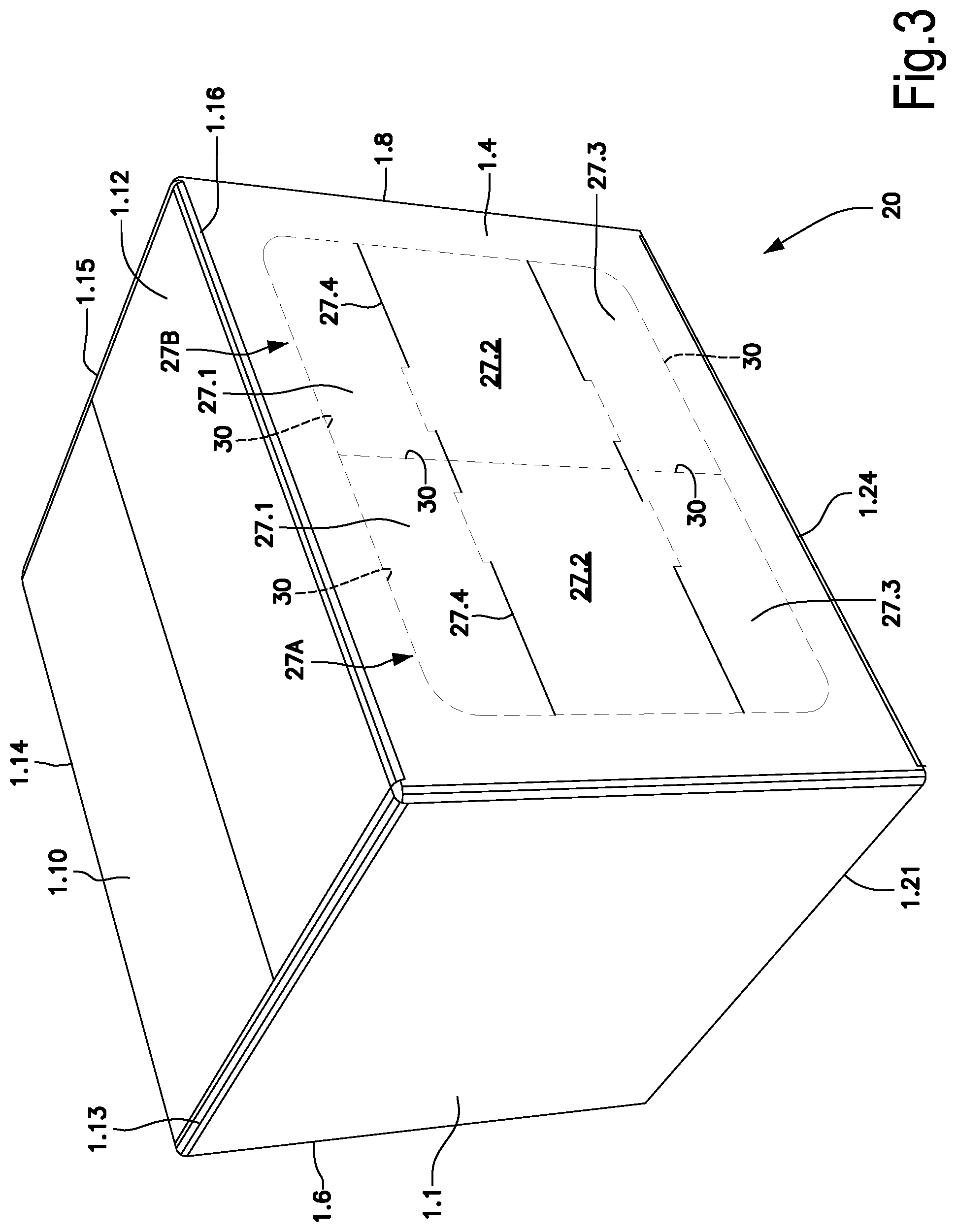 Patent US12134504 Figure 3 – Multiple package of packs of sheets, formed by a laminar material that forms a dispenser and laminar material for forming said package