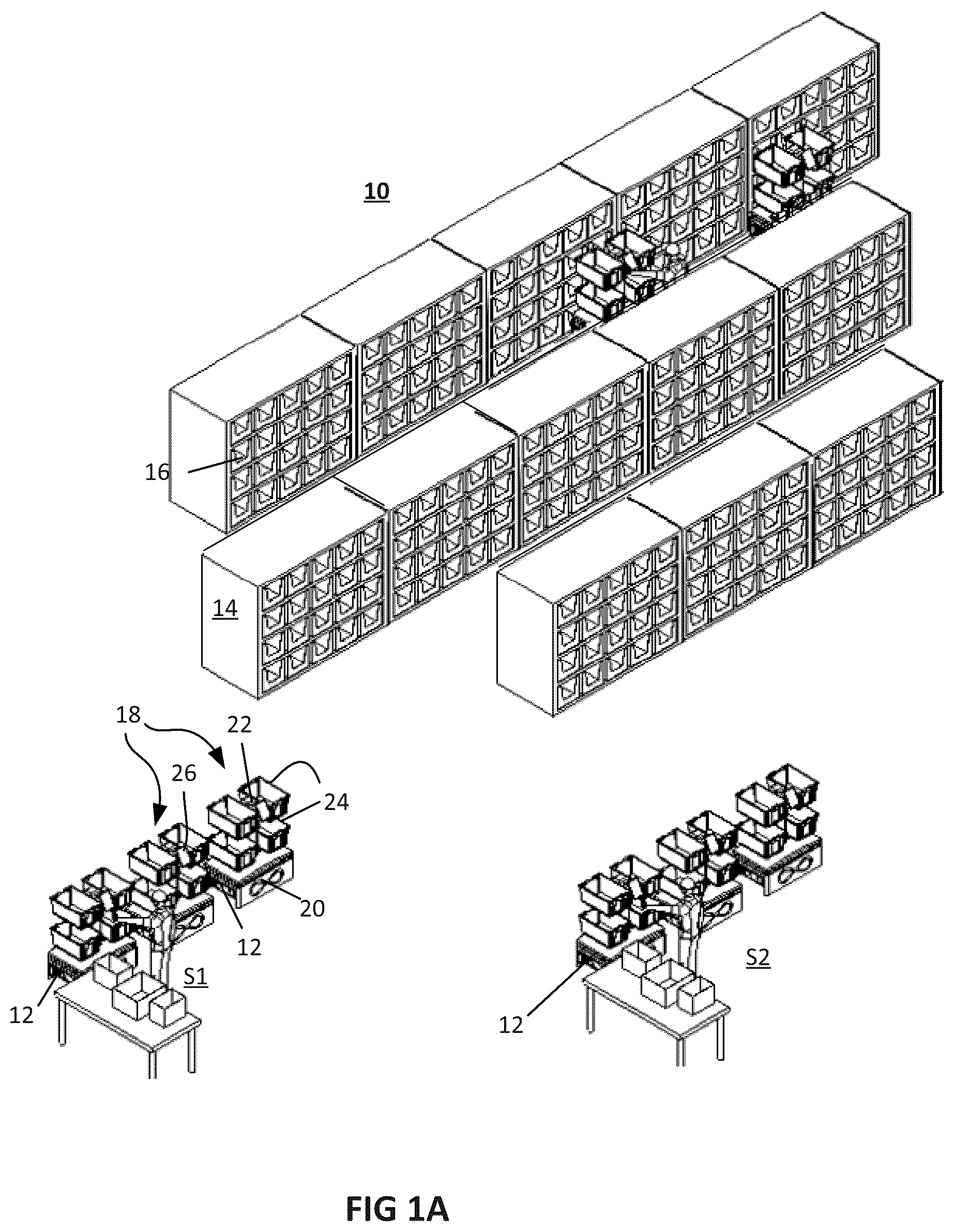 Patent US12134519 Figure 1 – Material handling system using a plurality of vehicles in a plurality of modes of operation