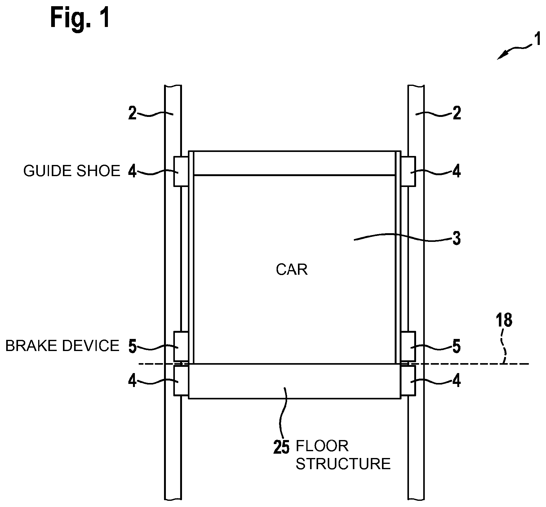 Patent US12134543 Figure 1 – Elevator system arrangement having an elevator brake device