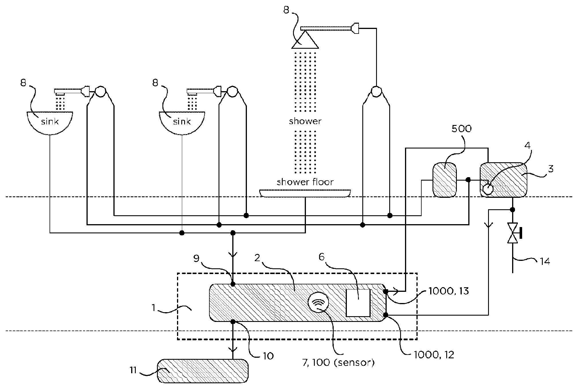 Patent US12134568 Figure 1 – Water distribution unit for water recirculation system