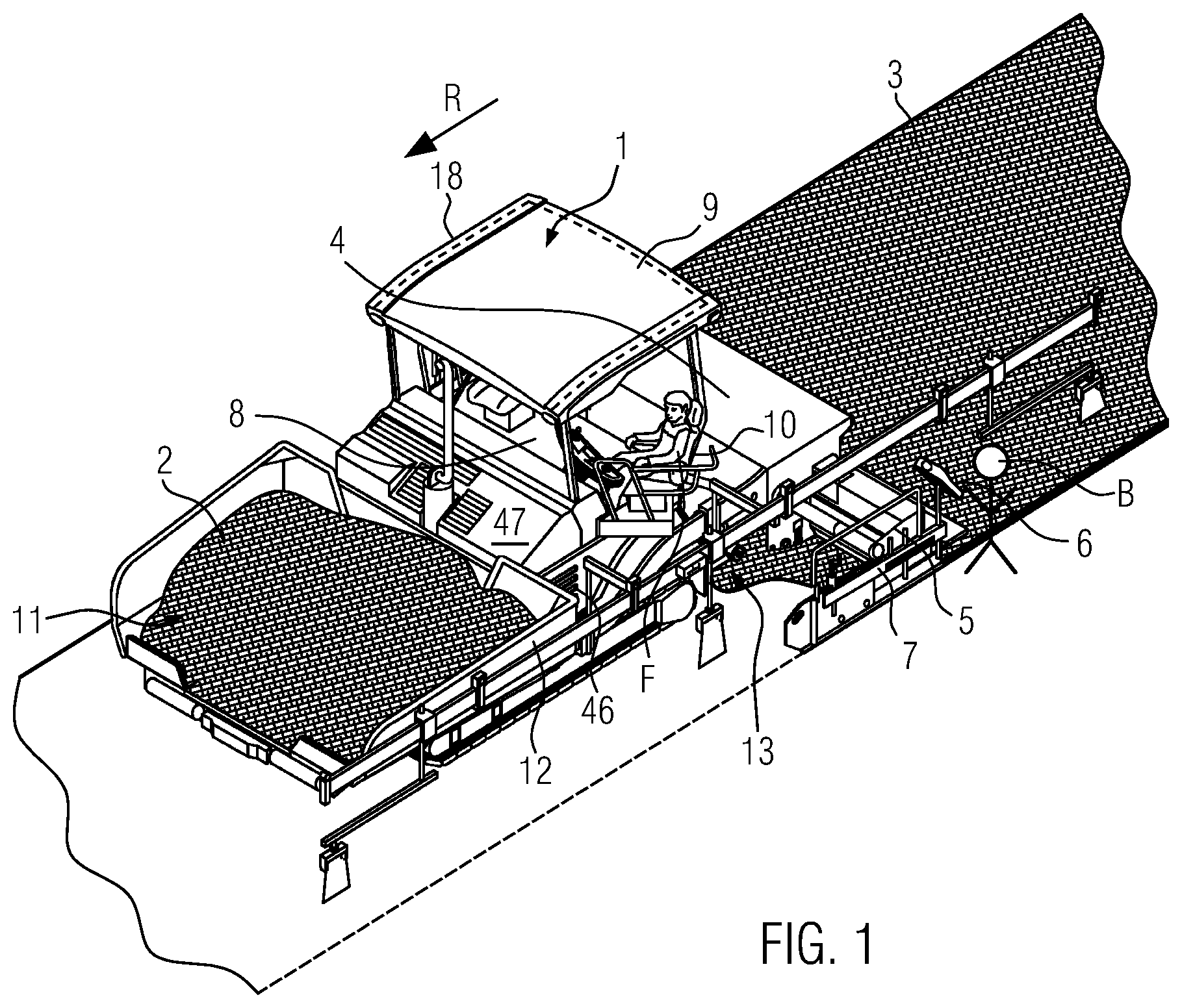 Patent US12134865 Figure 1 – Road construction machine with air barrier device and method