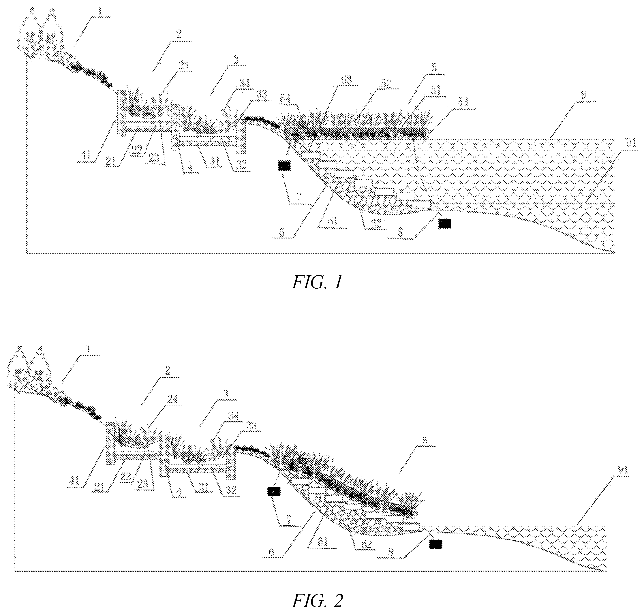 Patent US12134870 Figure 1 – Fluctuation zone state slope protection system that responds to hydrological changes