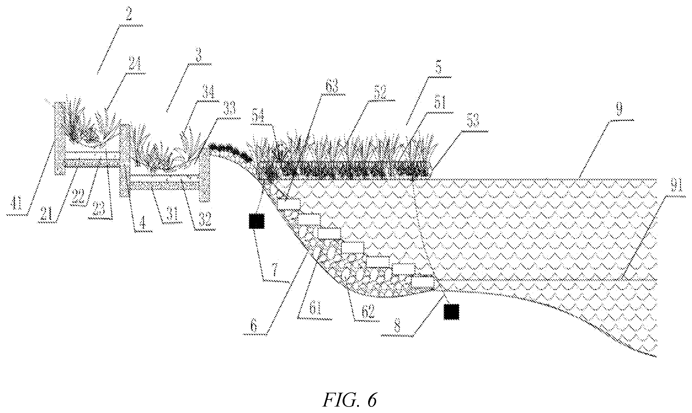 Patent US12134870 Figure 4 – Fluctuation zone state slope protection system that responds to hydrological changes
