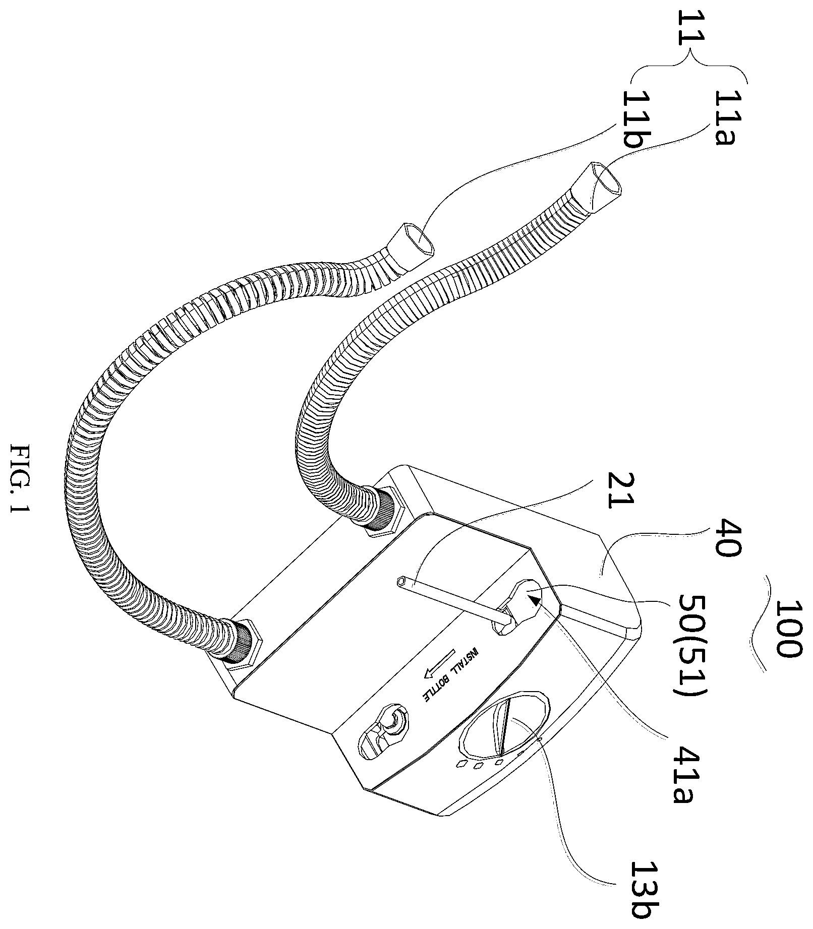 Patent US12134883 Figure 1 – Device for adding fluid medium to shower system, and shower system