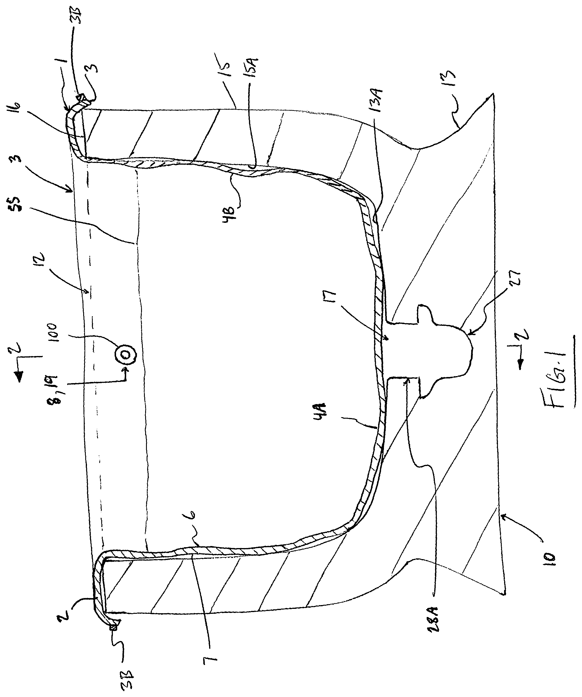 Patent US12134884 Figure 1 – Connector for guiding liquid overflow out of a disposable liner when received in a basin for contacting the liquid and related method