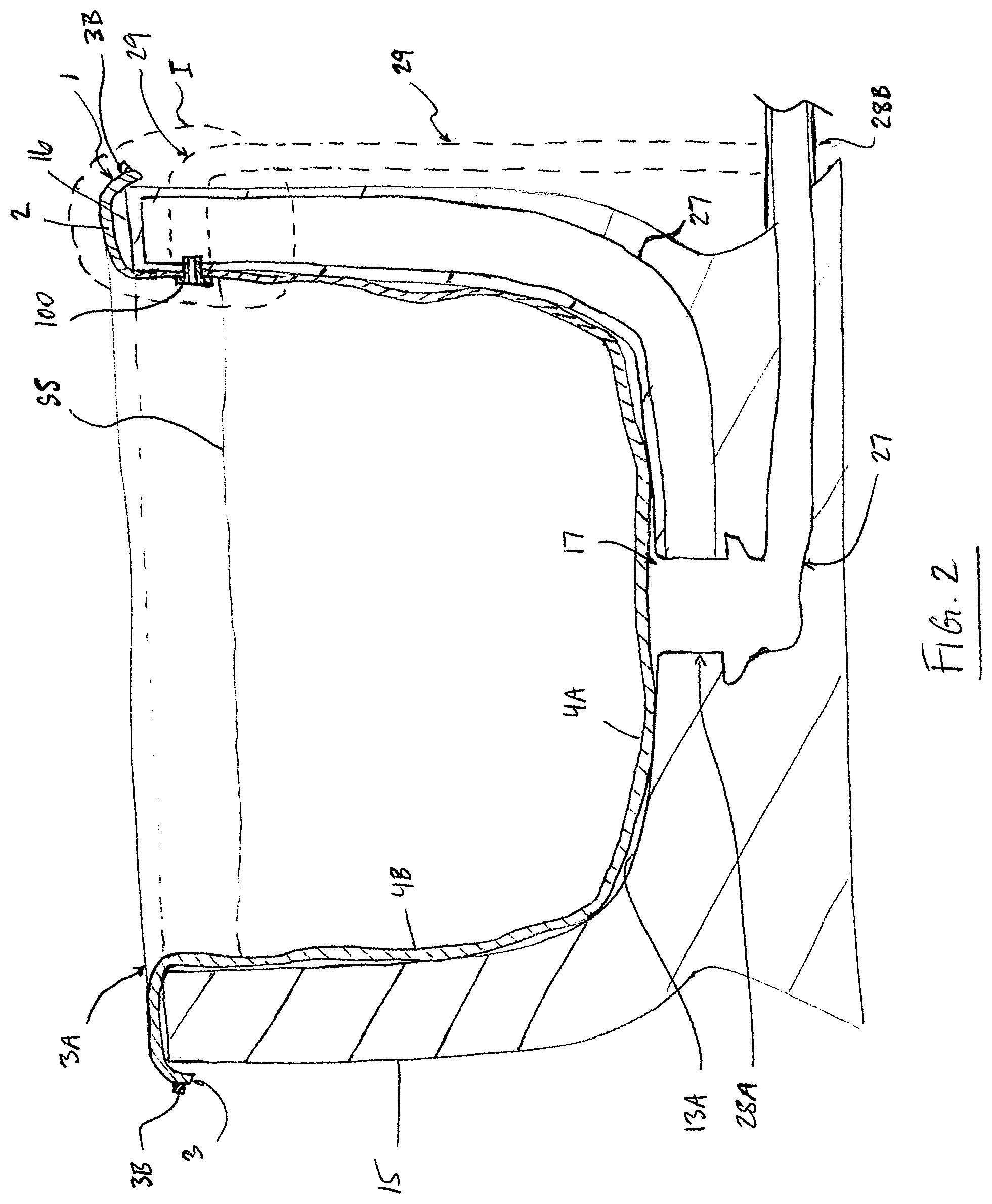 Patent US12134884 Figure 2 – Connector for guiding liquid overflow out of a disposable liner when received in a basin for contacting the liquid and related method