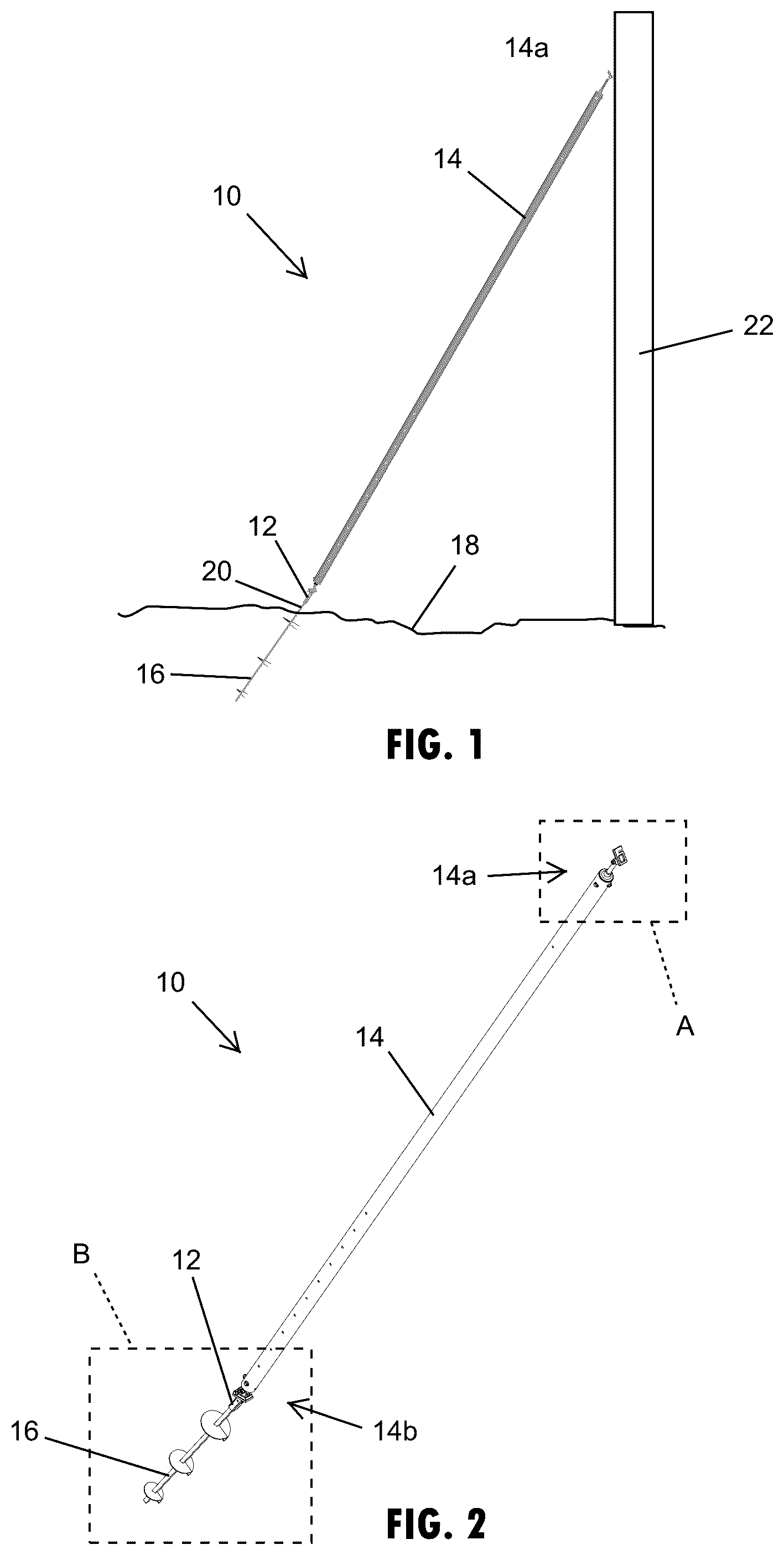 Patent US12134887 Figure 1 – Ground anchor bracket with simulated slab support for concrete wall braces