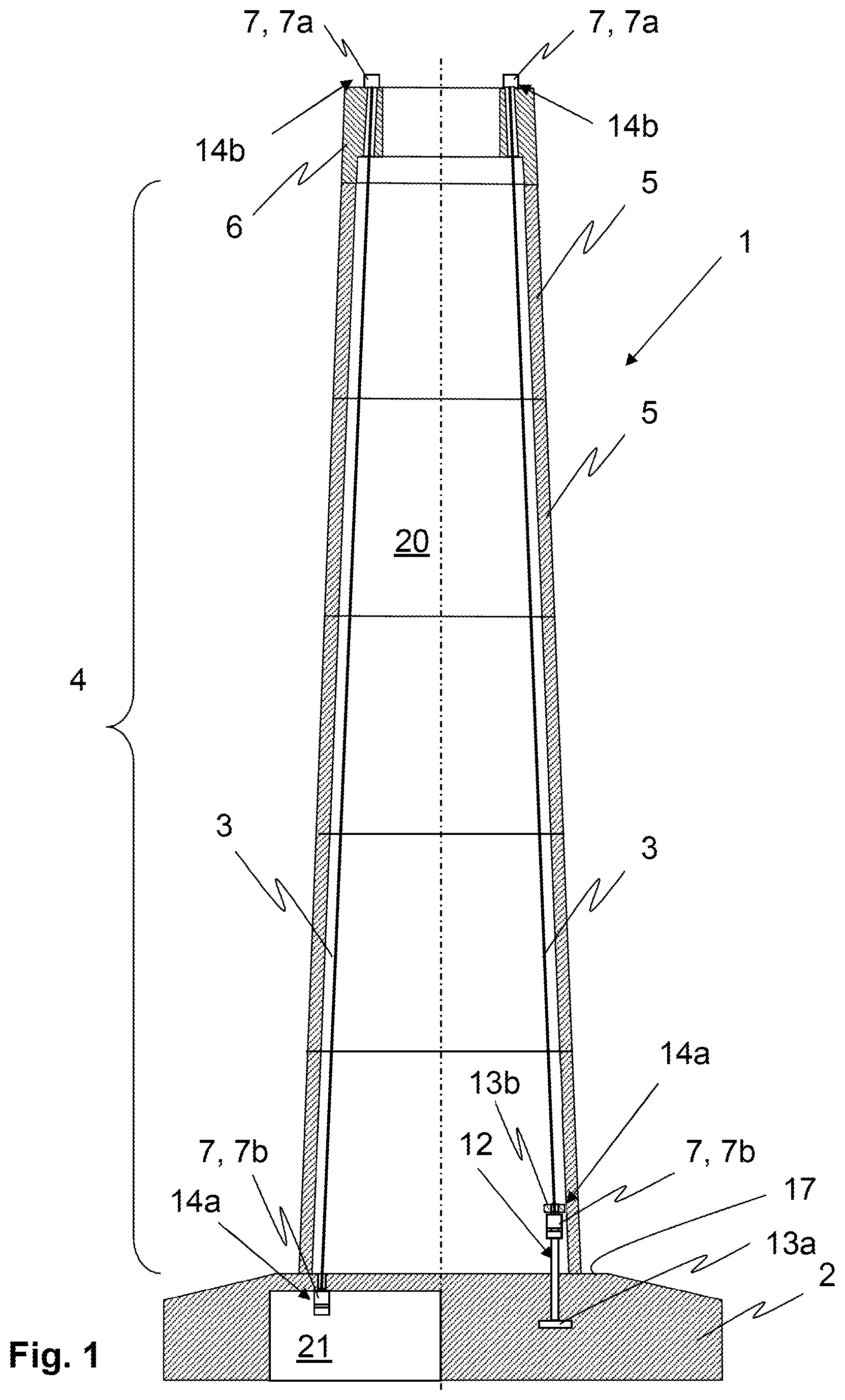 Patent US12134895 — Structure pretensioned by at least one tensioning element, and method for producing a structure pretensioned by at least one tensioning element — Figure 1