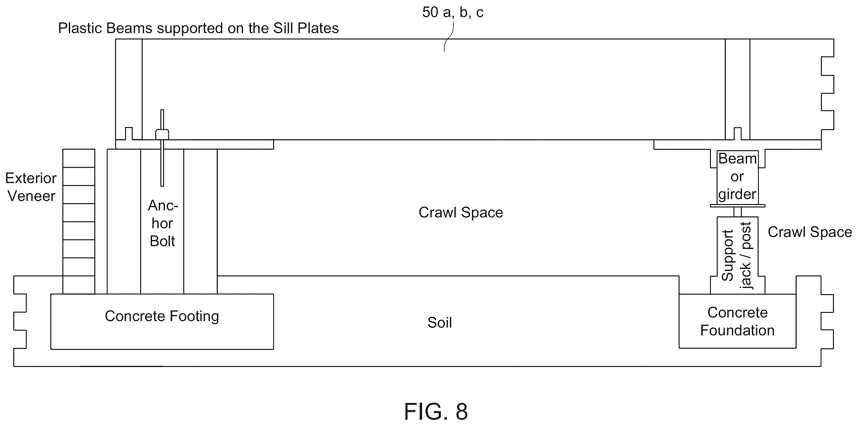 Patent US12134899 Figure 4 – Rigid foam, continuous raised floor structure without wooden supports