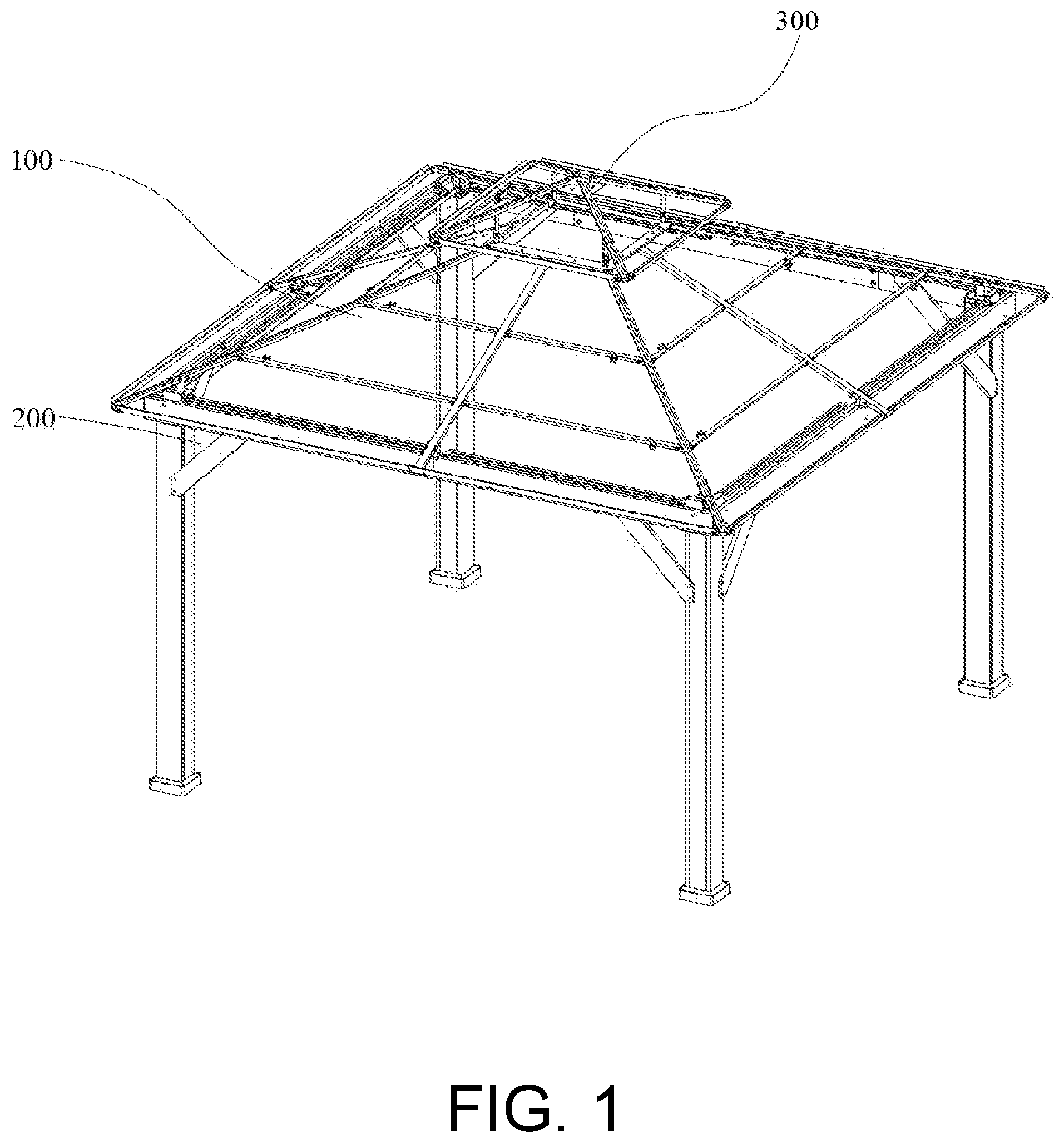 Patent US12134909 Figure 1 – Outdoor fixed tent with assembly structure, buckle mechanism, and assembly method for fixed tent