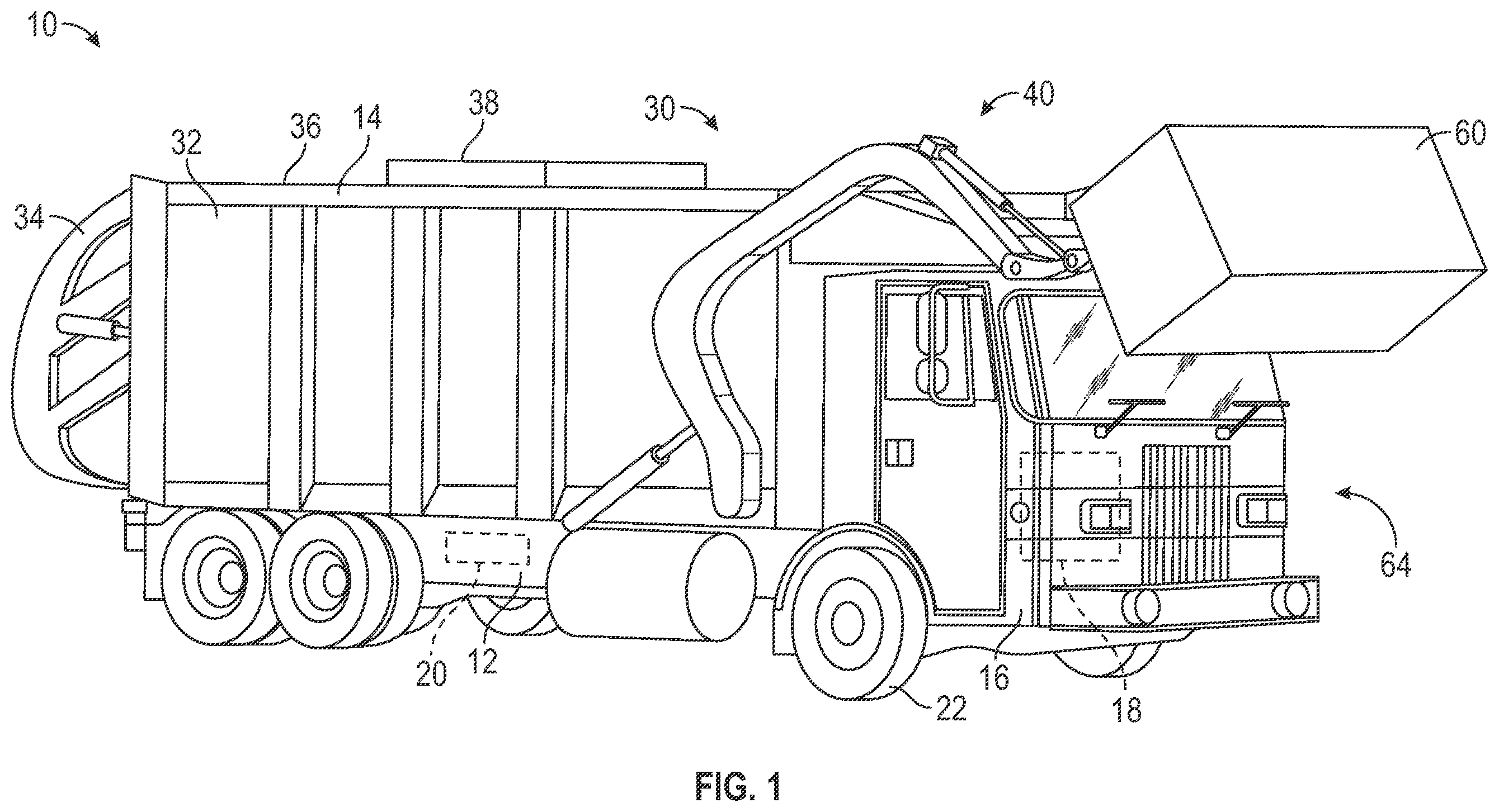Patent US12134929 Figure 1 – Electric tailgate for electric refuse vehicle