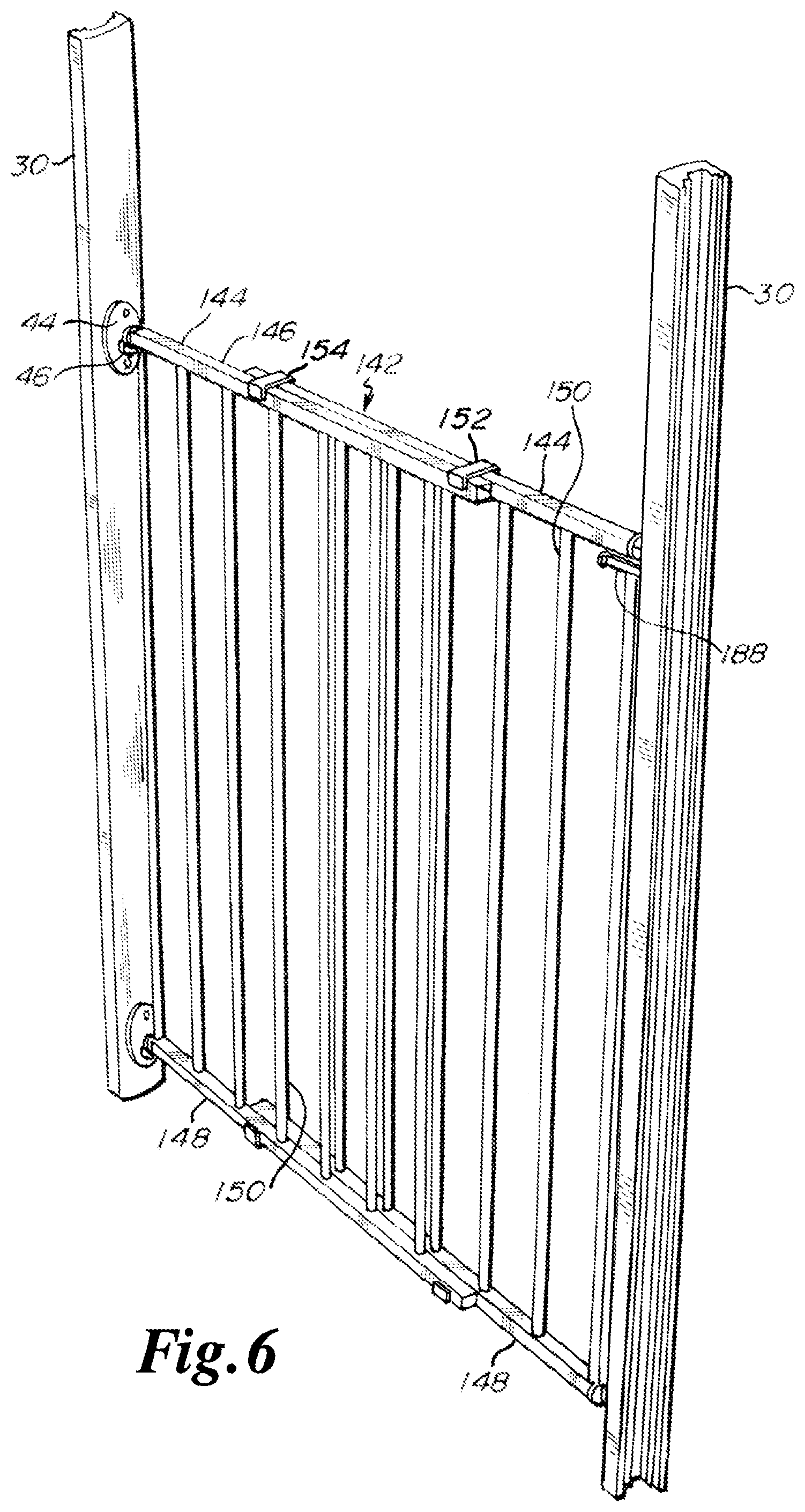 Patent US12134934 Figure 6 – Gate having four pins and stairway post adapter
