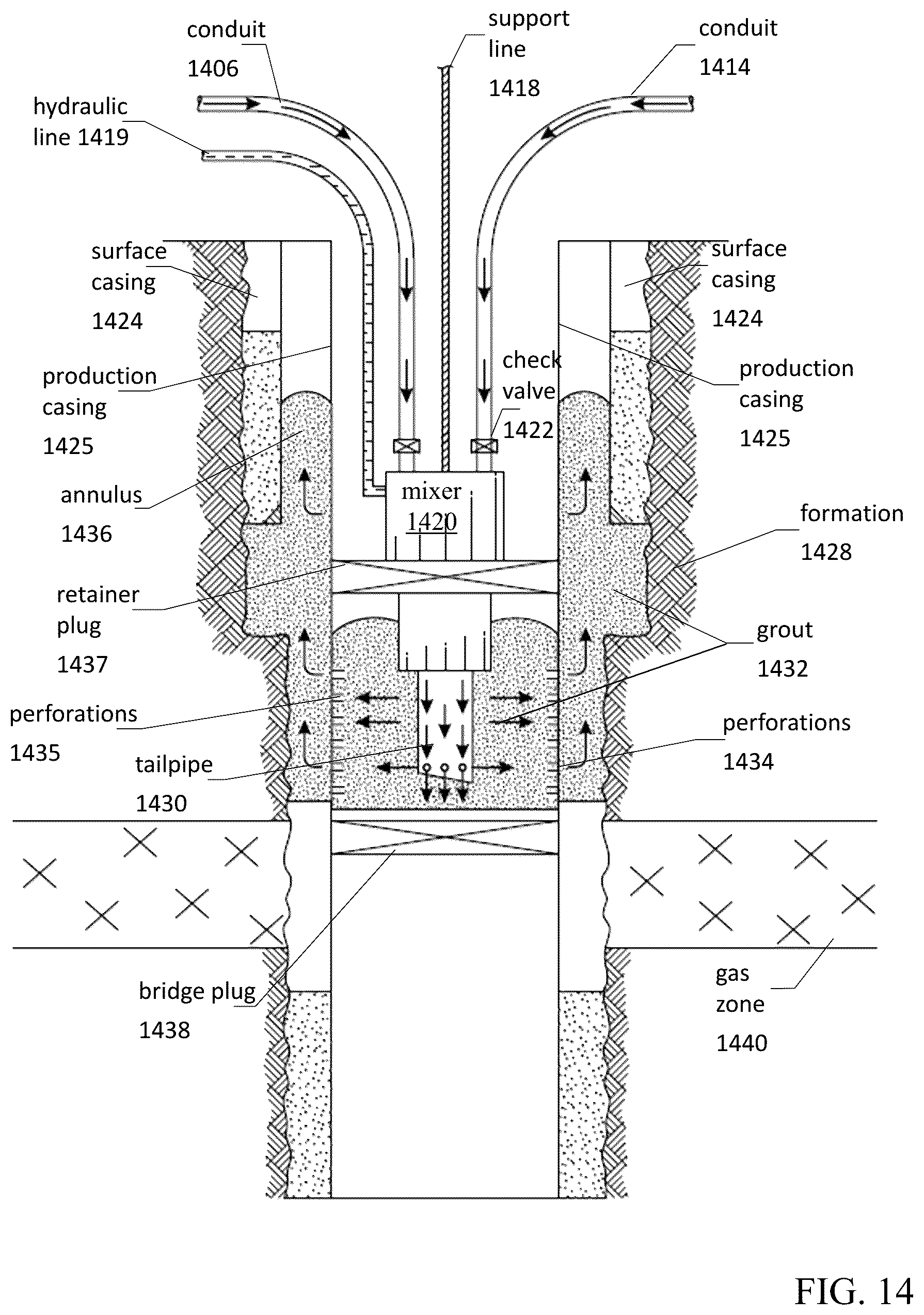 Patent US12134950 Figure 14 – Deployment methods for expandable polymer grout for plug and abandonment applications