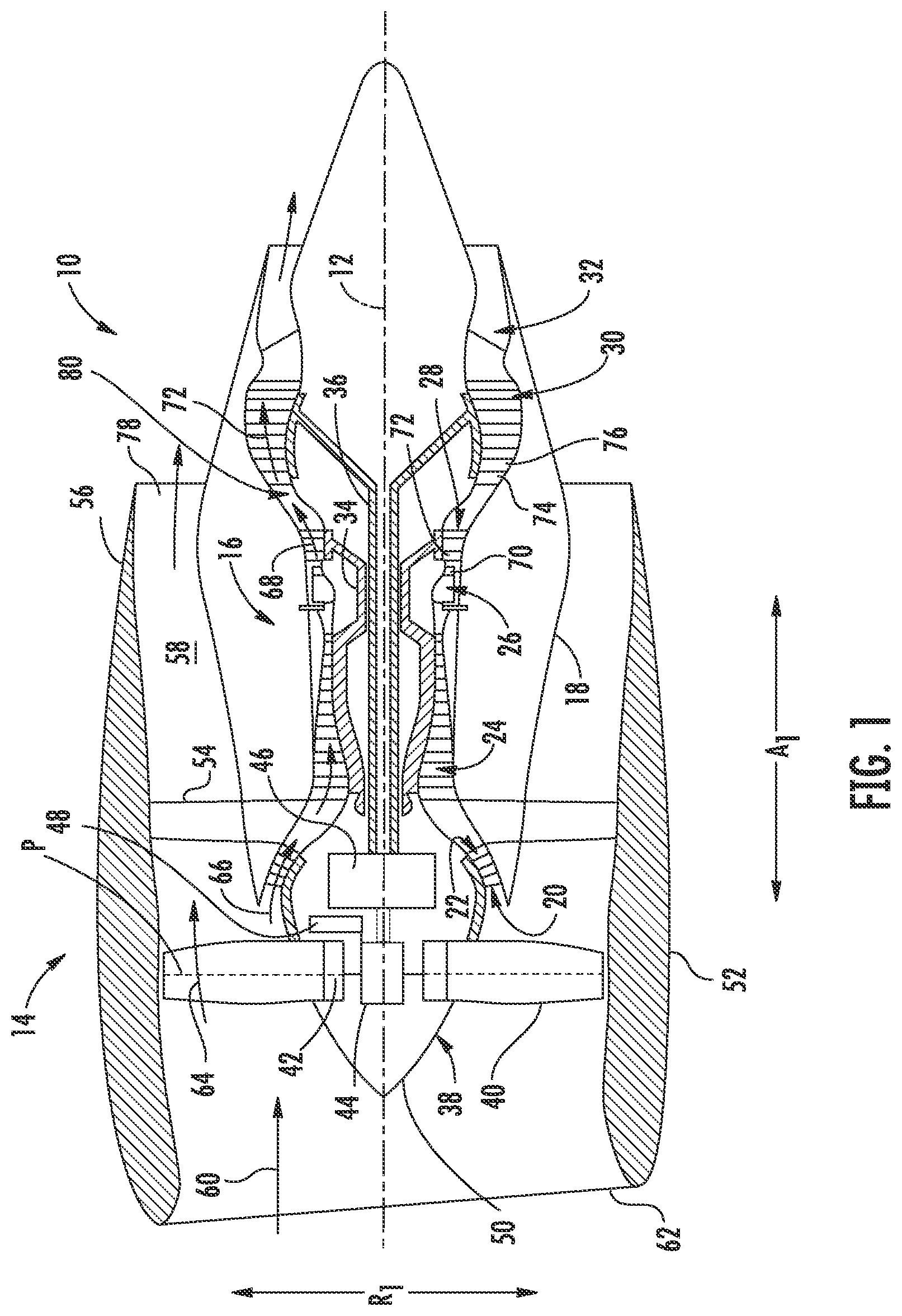 Patent US12134971 Figure 1 – Trunnion retention for a turbine engine