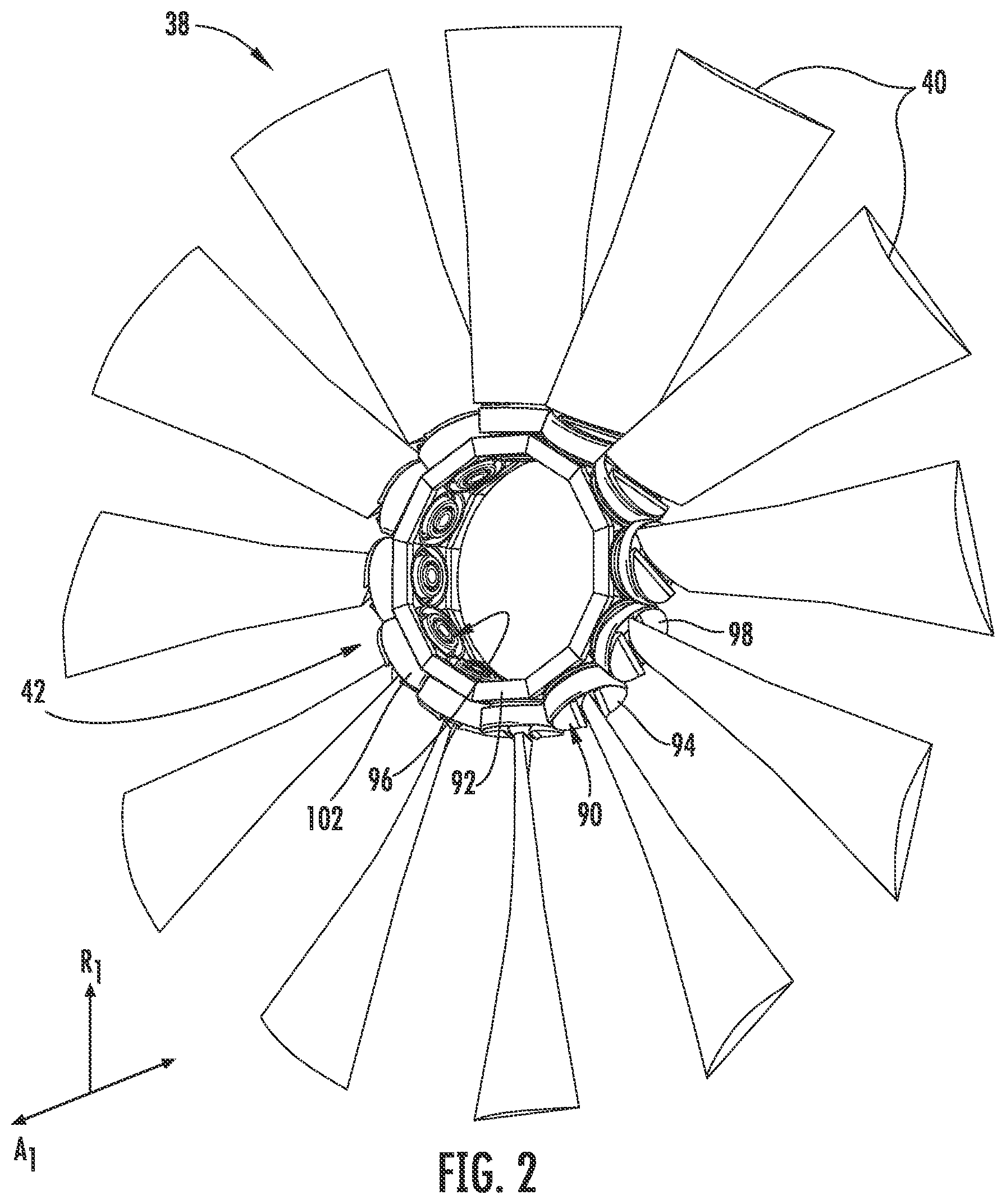 Patent US12134971 Figure 2 – Trunnion retention for a turbine engine