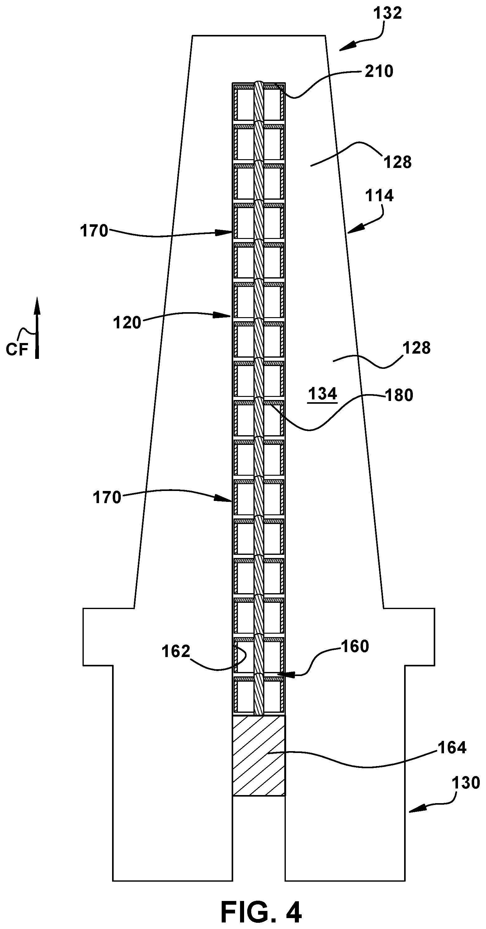 Patent US12134972 Figure 4 – Damper element with spring-suspended bearing member for vibration dampening system for turbine blade