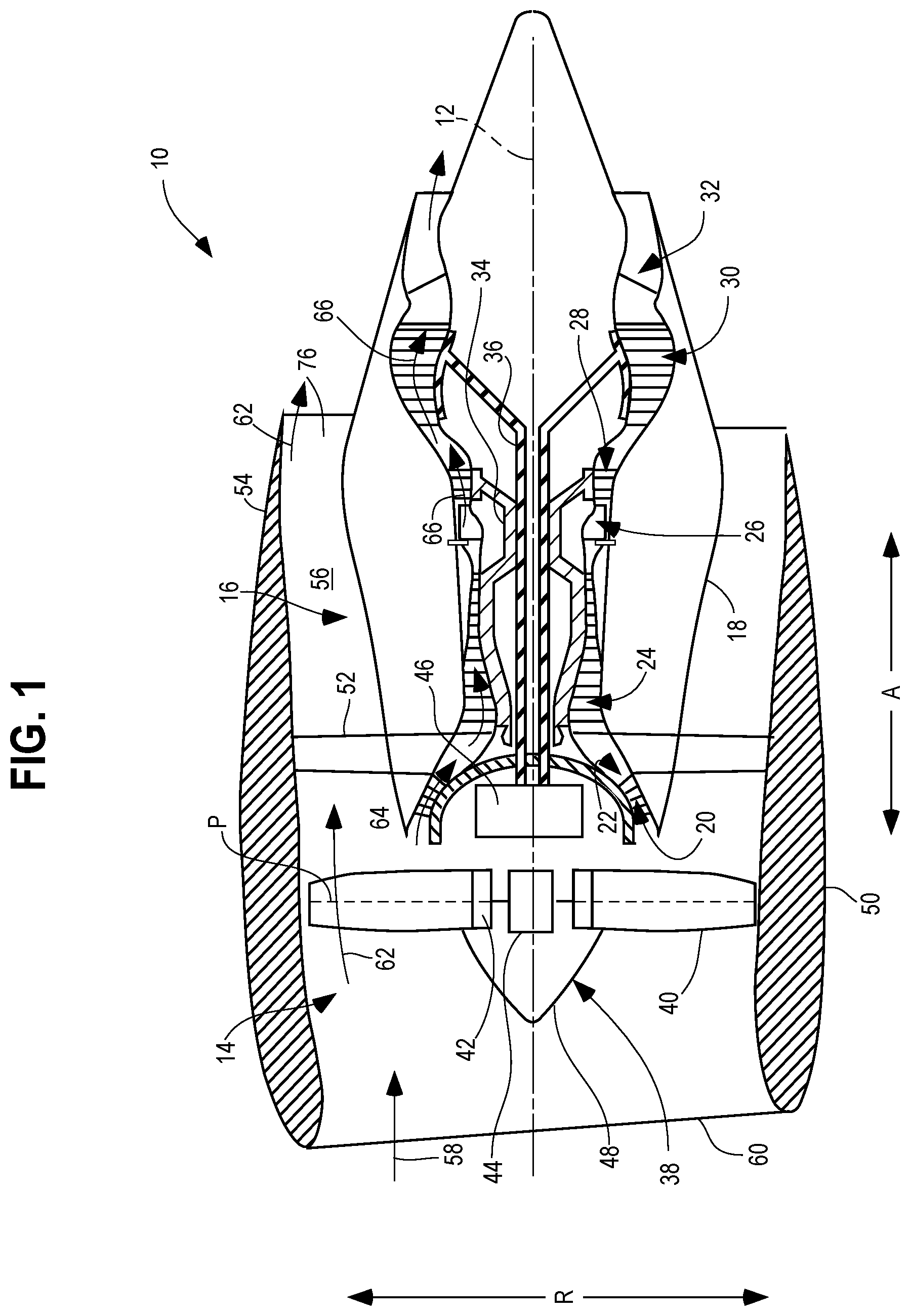 Patent US12134974 Figure 1 – Core air leakage redirection structures for aircraft engines