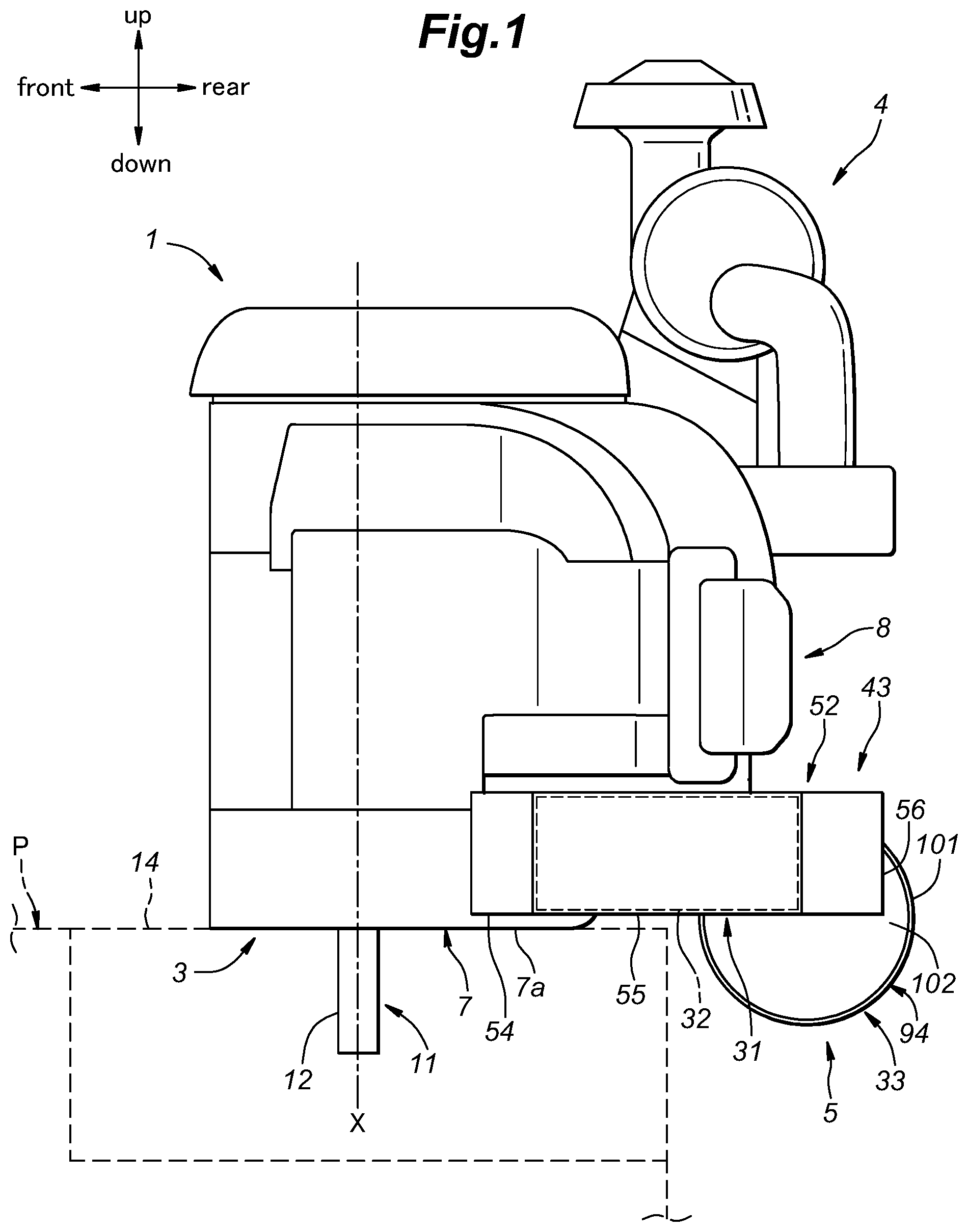 Patent US12134979 Figure 1 – V-type engine including catalyst extending in height direction of engine body and work machine including same
