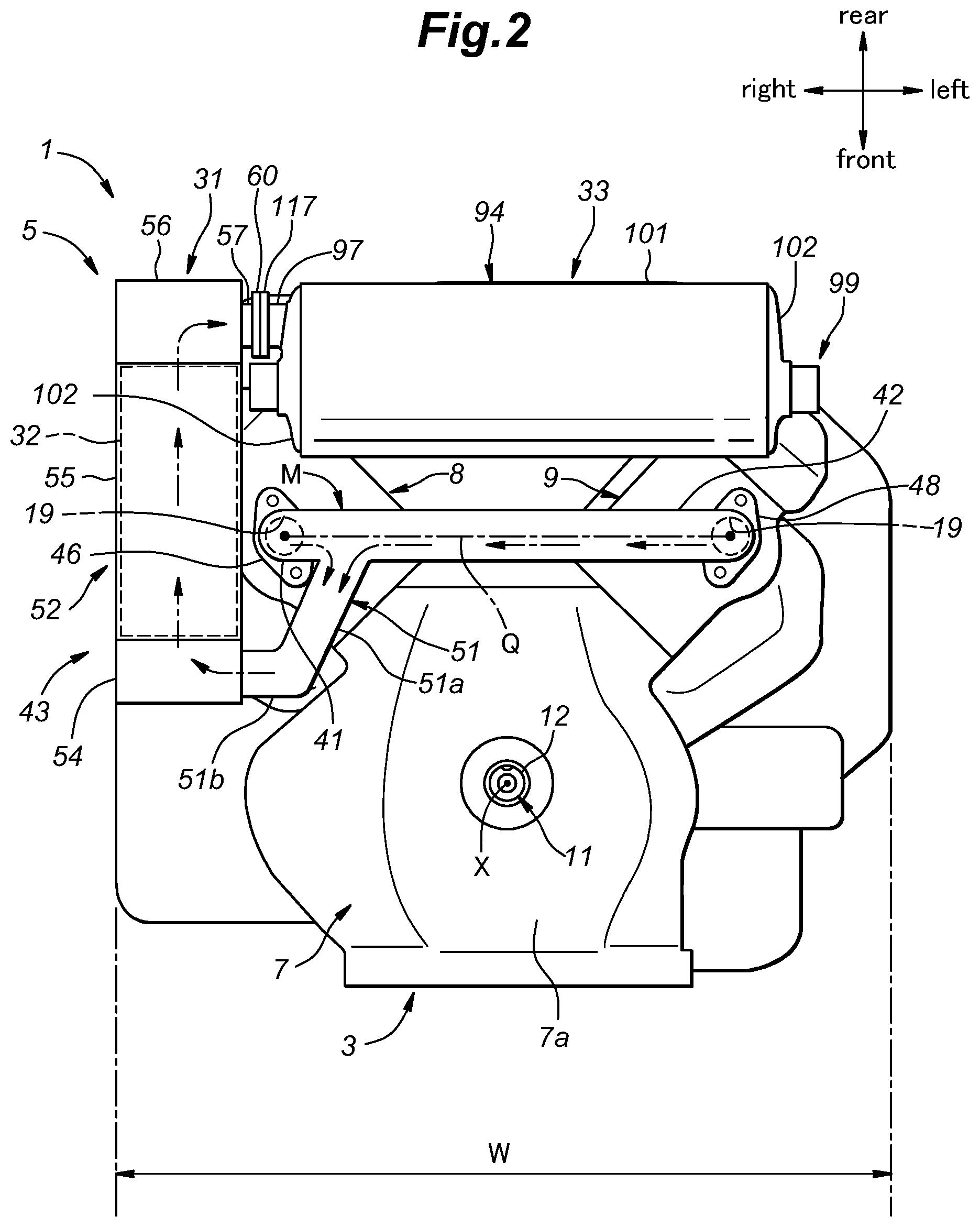 Patent US12134979 Figure 2 – V-type engine including catalyst extending in height direction of engine body and work machine including same